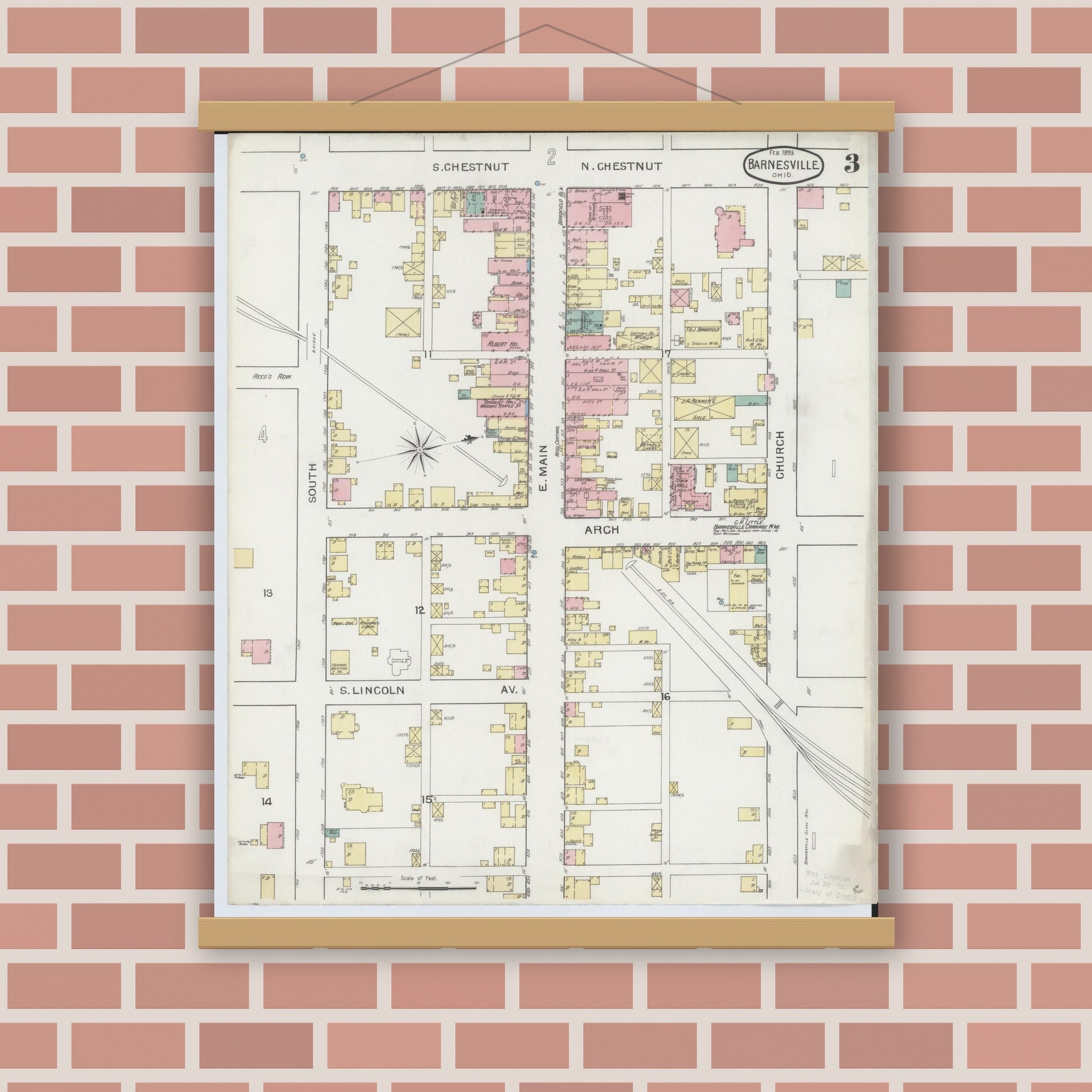 Old map wall art mockup — magnetic wood frame on brick wall — Sanborn Fire Insurance Map from Barnesville, Belmont County, Ohio (1893), Sheet #0003