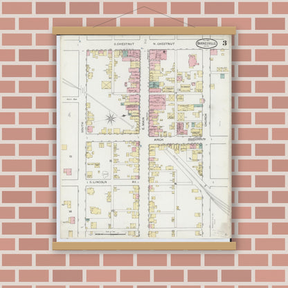 Old map wall art mockup — magnetic wood frame on brick wall — Sanborn Fire Insurance Map from Barnesville, Belmont County, Ohio (1893), Sheet #0003