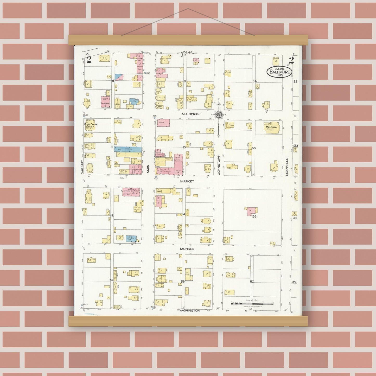 Old map wall art mockup — magnetic wood frame on brick wall — Sanborn Fire Insurance Map from Baltimore, Fairfield County, Ohio (1926), Sheet #0002