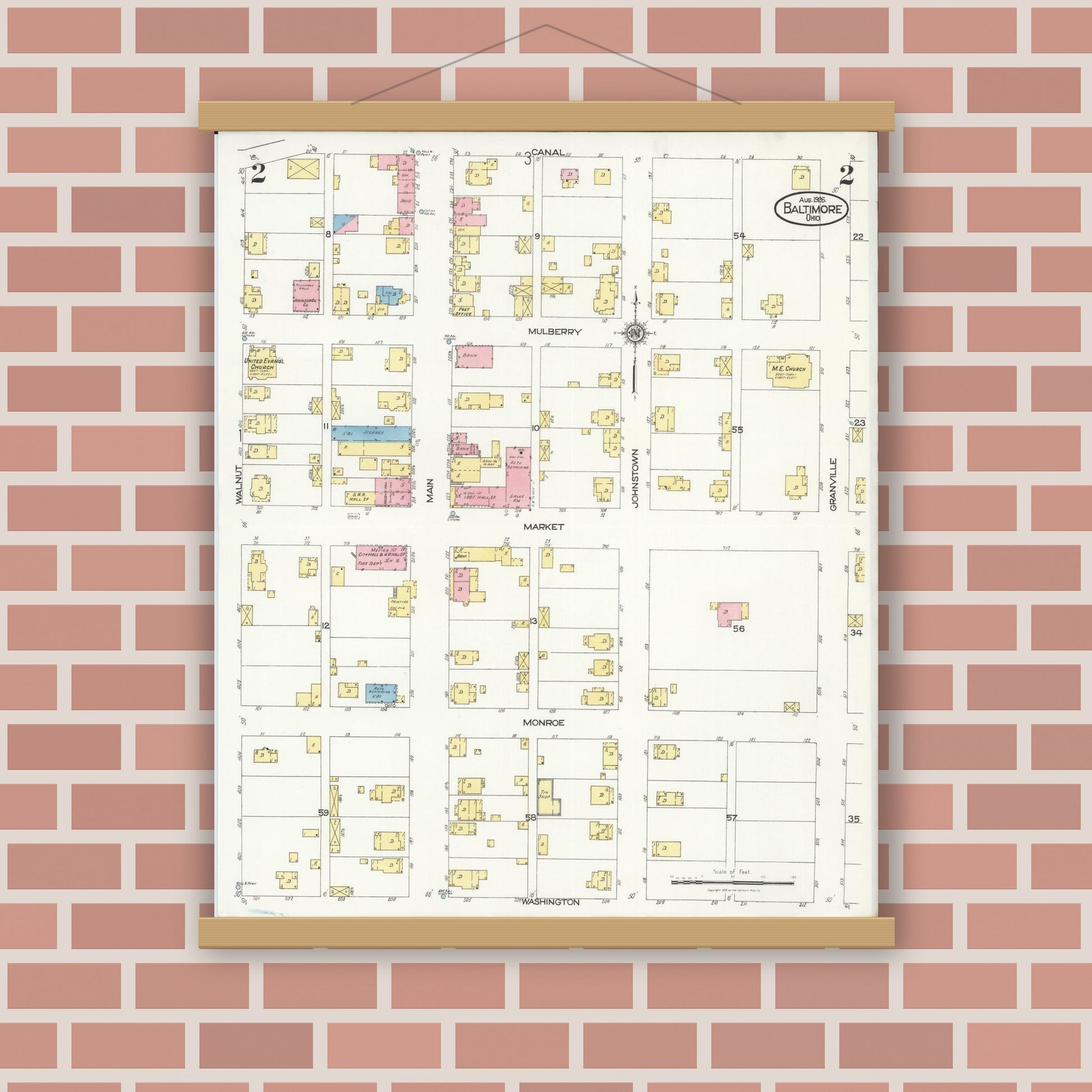 Old map wall art mockup — magnetic wood frame on brick wall — Sanborn Fire Insurance Map from Baltimore, Fairfield County, Ohio (1926), Sheet #0002