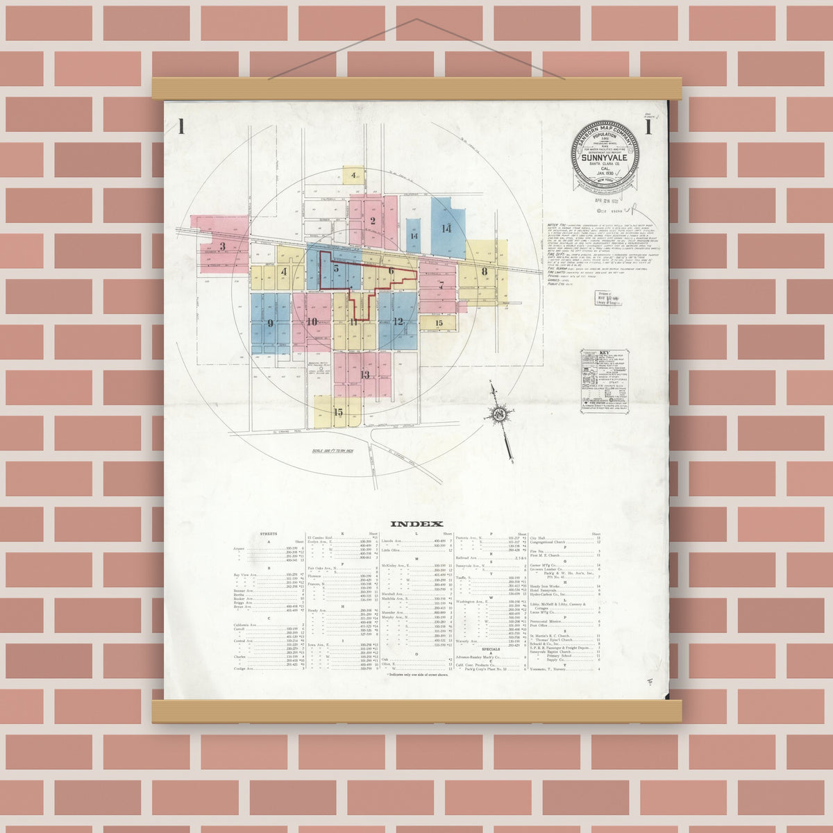 Old map wall art mockup — magnetic wood frame on brick wall — Sanborn Fire Insurance Map from Sunnyvale, Santa Clara County, California (1930) - Complete Map Set