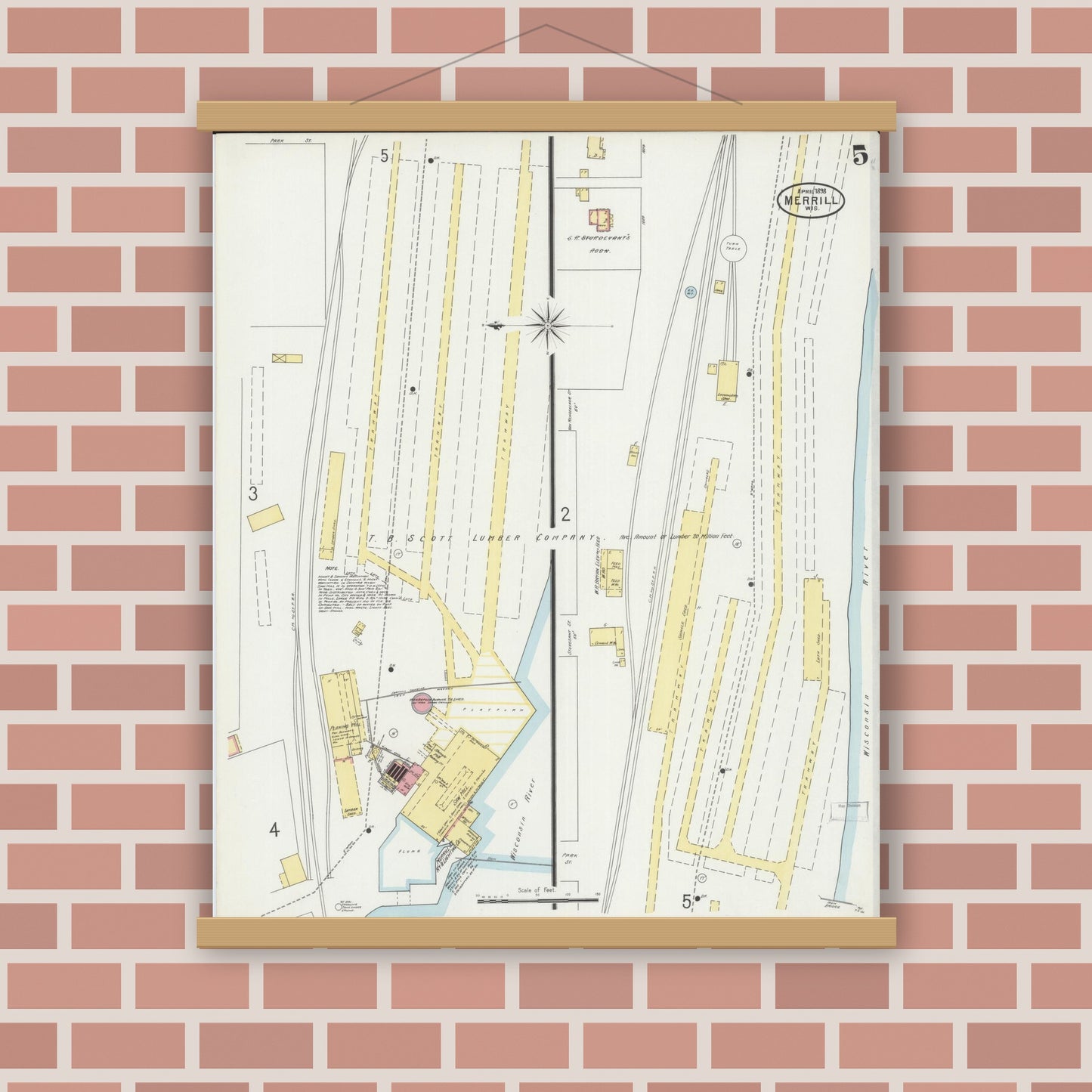Old map wall art mockup — magnetic wood frame on brick wall — Sanborn Fire Insurance Map from Merrill, Lincoln County, Wisconsin (1898), Sheet #0005