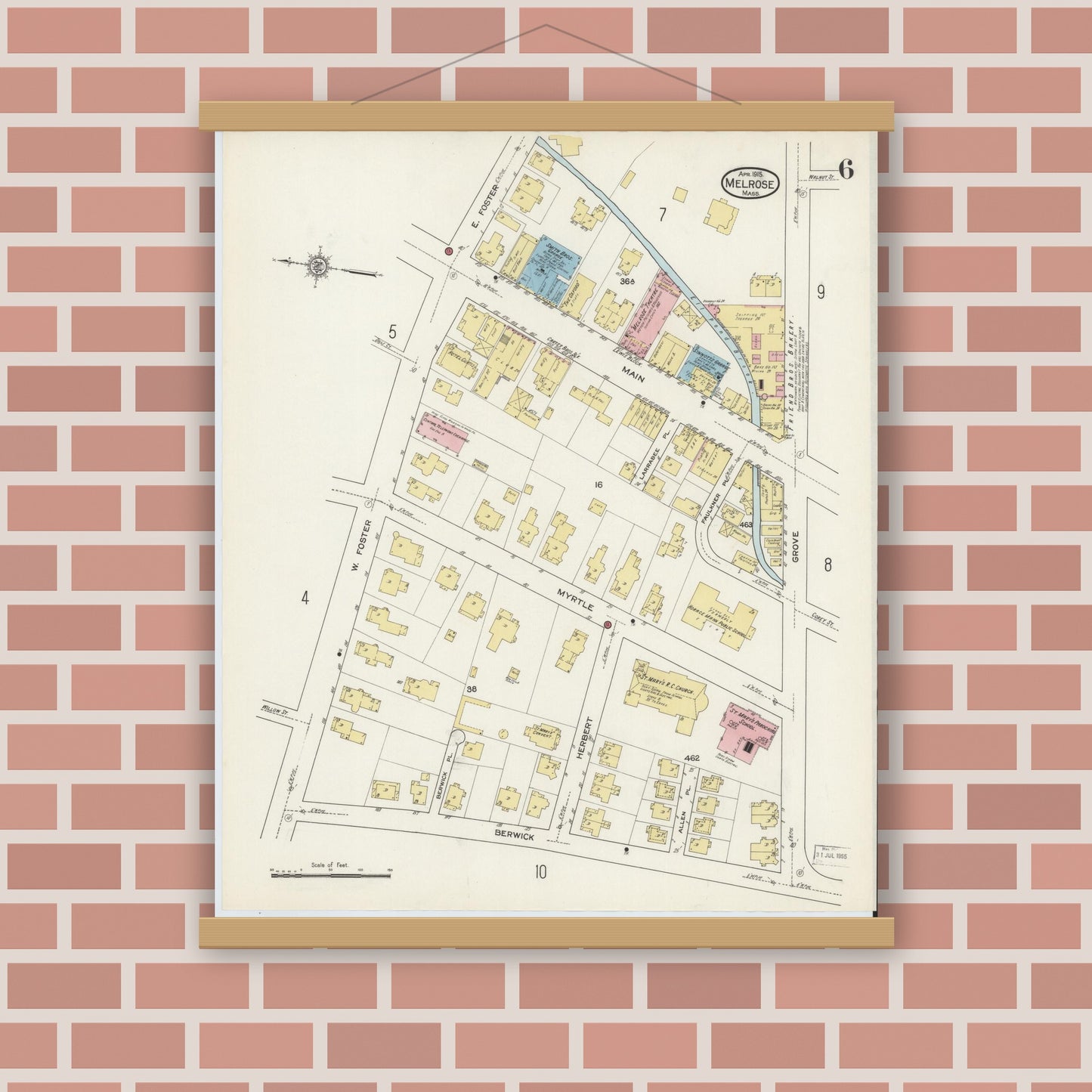 Old map wall art mockup — magnetic wood frame on brick wall — Sanborn Fire Insurance Map from Melrose, Middlesex County, Massachusetts (1915), Sheet #0006
