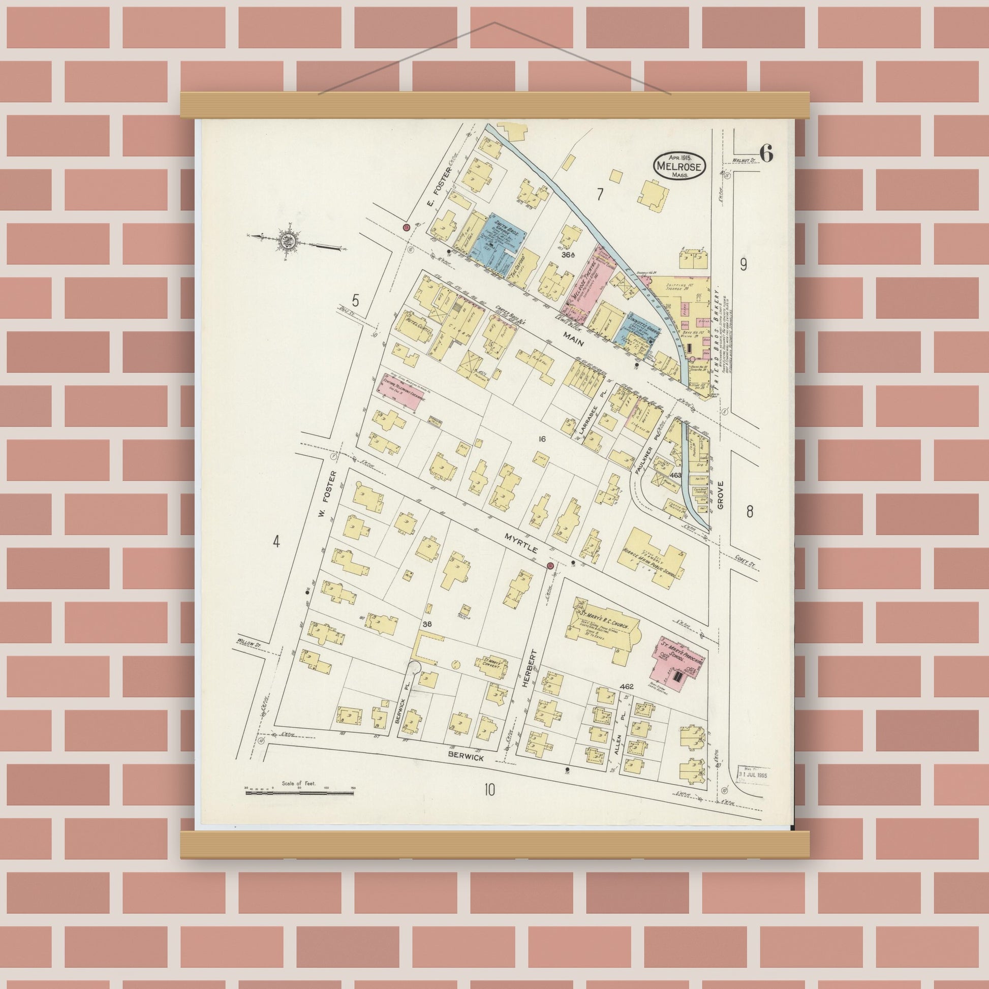 Old map wall art mockup — magnetic wood frame on brick wall — Sanborn Fire Insurance Map from Melrose, Middlesex County, Massachusetts (1915), Sheet #0006