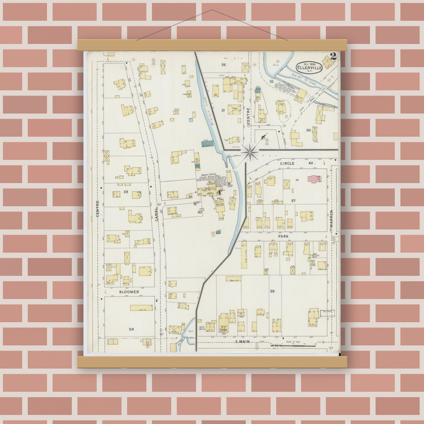 Old map wall art mockup — magnetic wood frame on brick wall — Sanborn Fire Insurance Map from Ellenville, Ulster County, New York (1894) - Complete Map Set