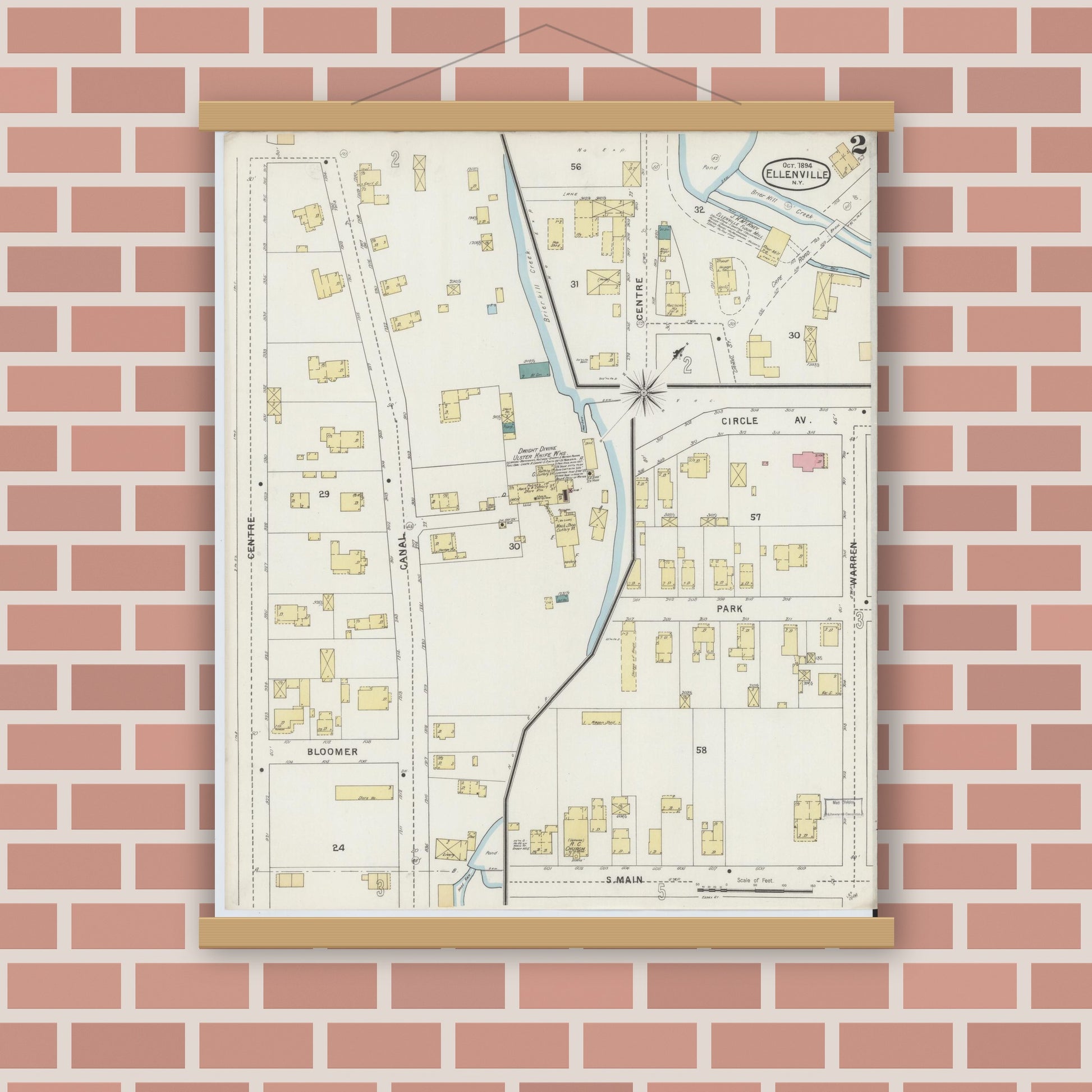 Old map wall art mockup — magnetic wood frame on brick wall — Sanborn Fire Insurance Map from Ellenville, Ulster County, New York (1894) - Complete Map Set