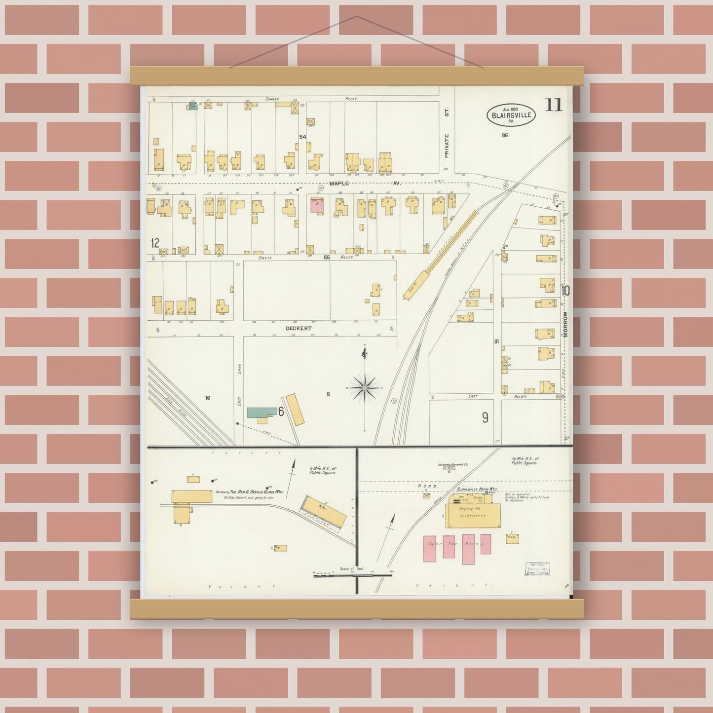 Old map wall art mockup — magnetic wood frame on brick wall — Sanborn Fire Insurance Map from Blairsville, Indiana County, Pennsylvania (1903), Sheet #0011