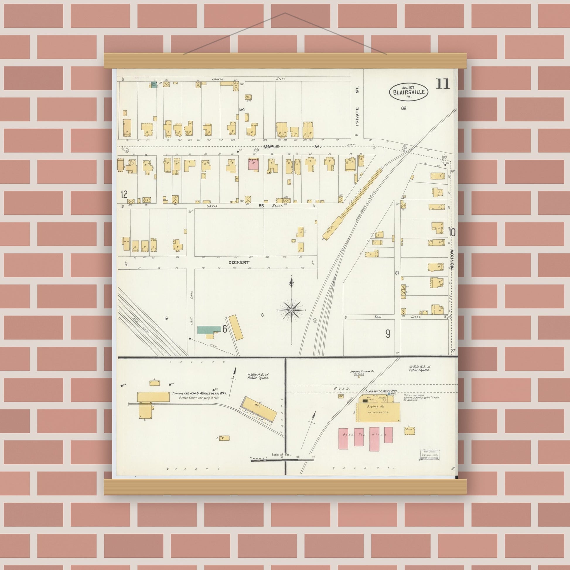 Old map wall art mockup — magnetic wood frame on brick wall — Sanborn Fire Insurance Map from Blairsville, Indiana County, Pennsylvania (1903), Sheet #0011