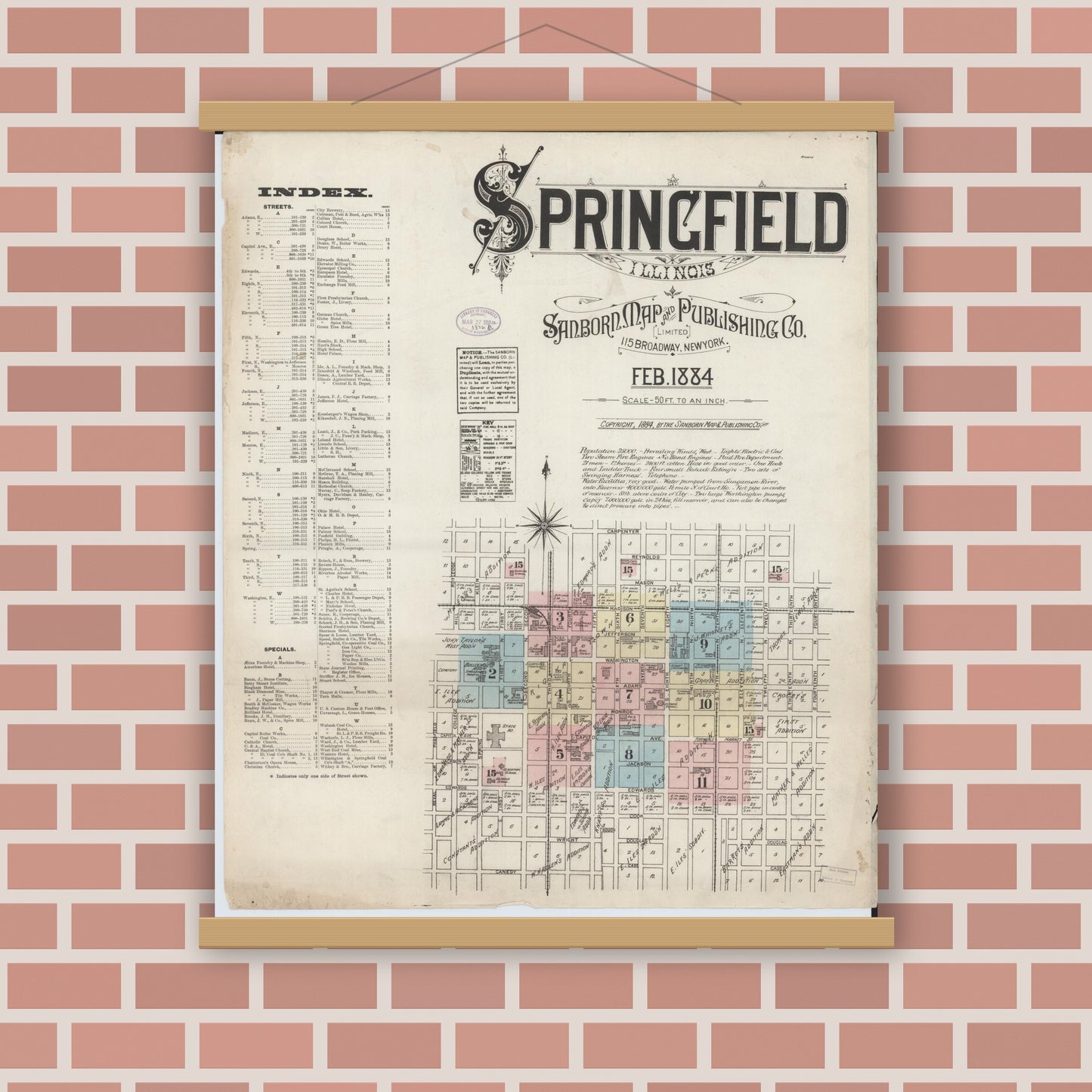 Old map wall art mockup — magnetic wood frame on brick wall — Sanborn Fire Insurance Map from Springfield, Sangamon County, Illinois (1884) - Complete Map Set