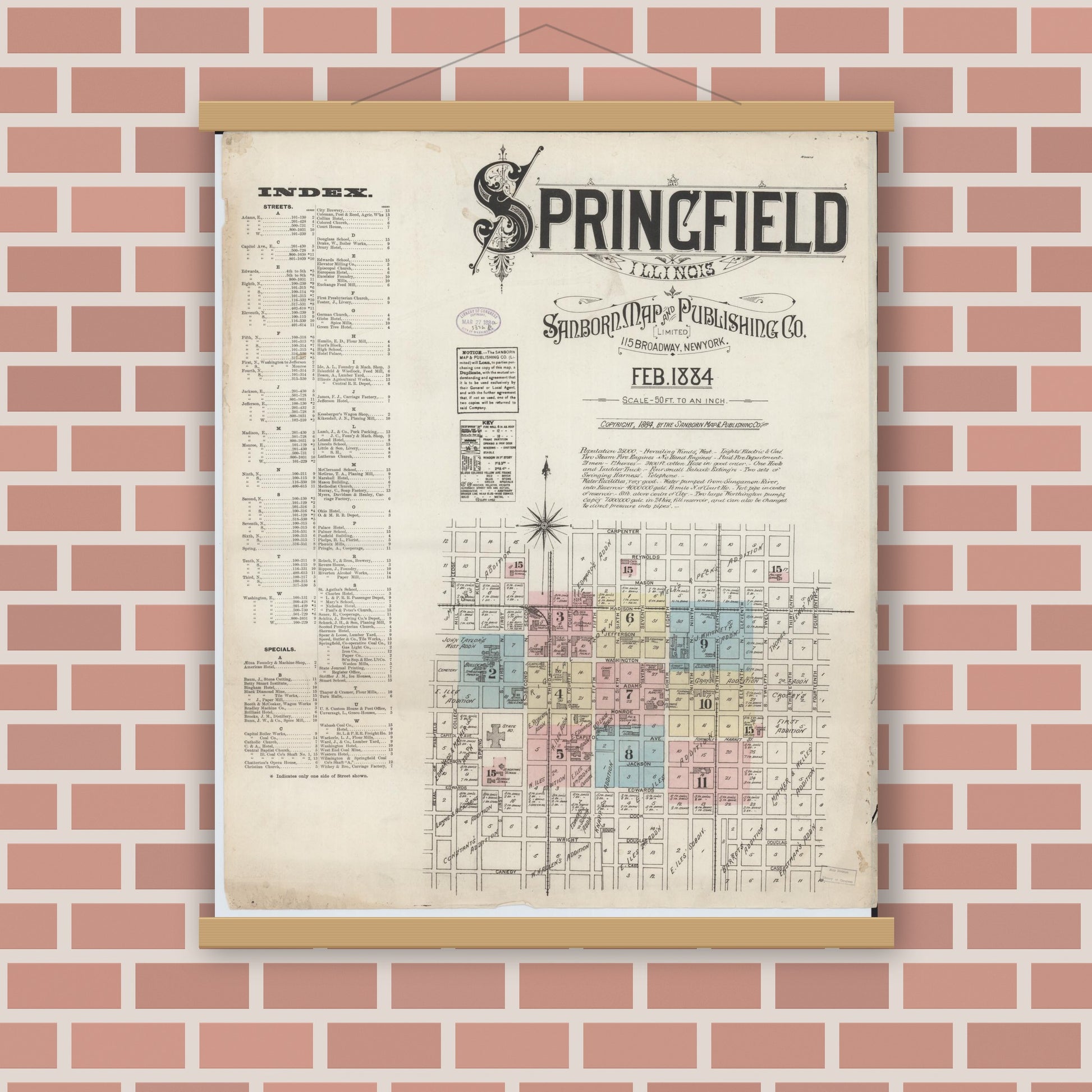 Old map wall art mockup — magnetic wood frame on brick wall — Sanborn Fire Insurance Map from Springfield, Sangamon County, Illinois (1884) - Complete Map Set