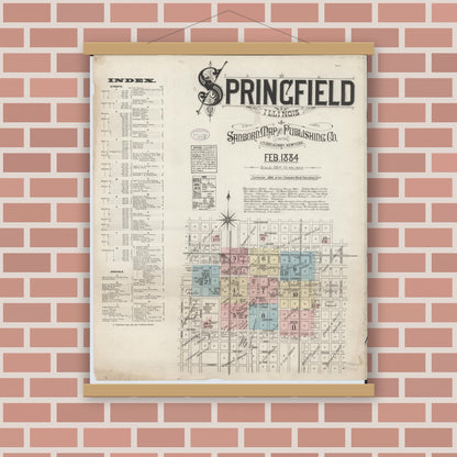 Old map wall art mockup — magnetic wood frame on brick wall — Sanborn Fire Insurance Map from Springfield, Sangamon County, Illinois (1884) - Complete Map Set