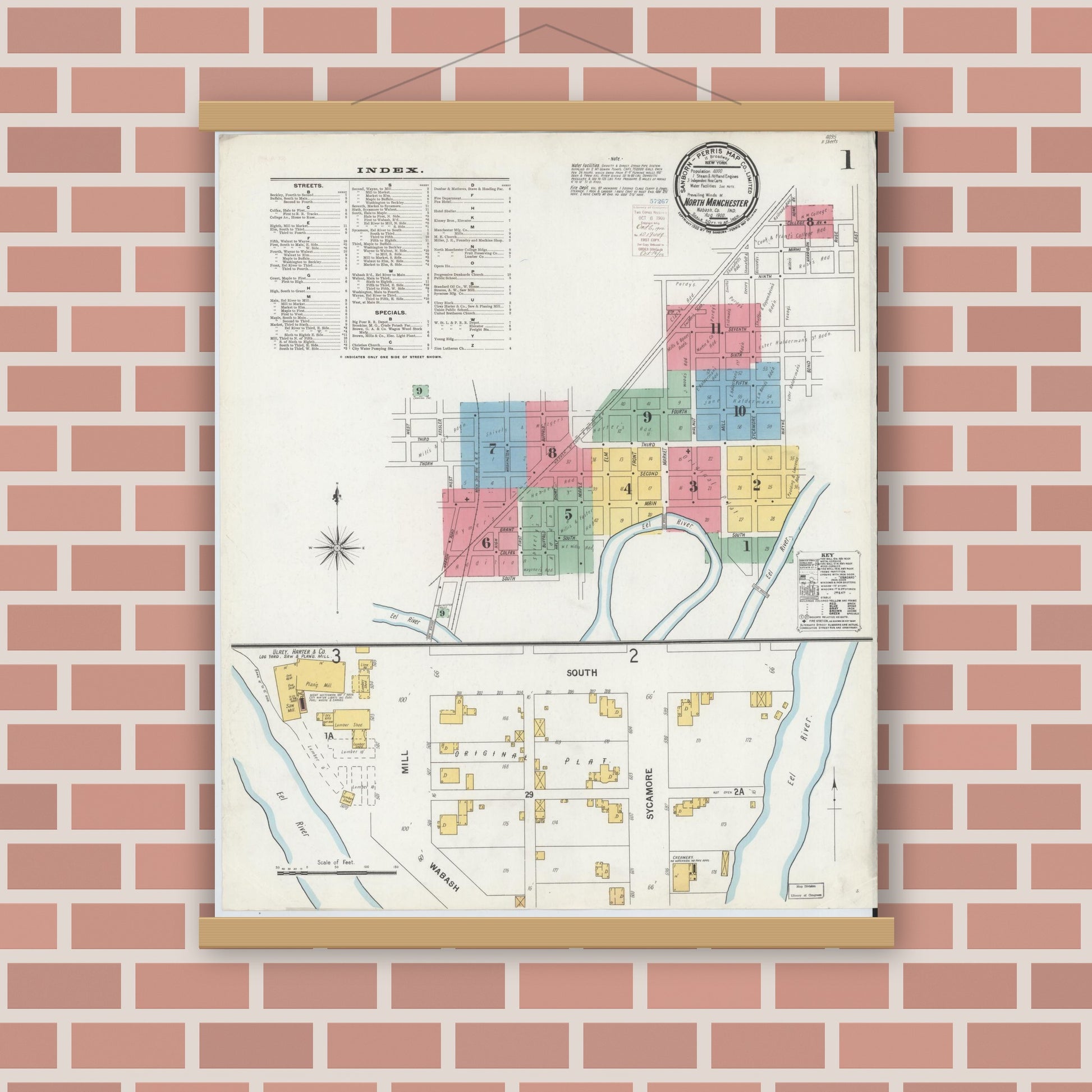 Old map wall art mockup — magnetic wood frame on brick wall — Sanborn Fire Insurance Map from North Manchester, Wabash County, Indiana (1900) - Complete Map Set