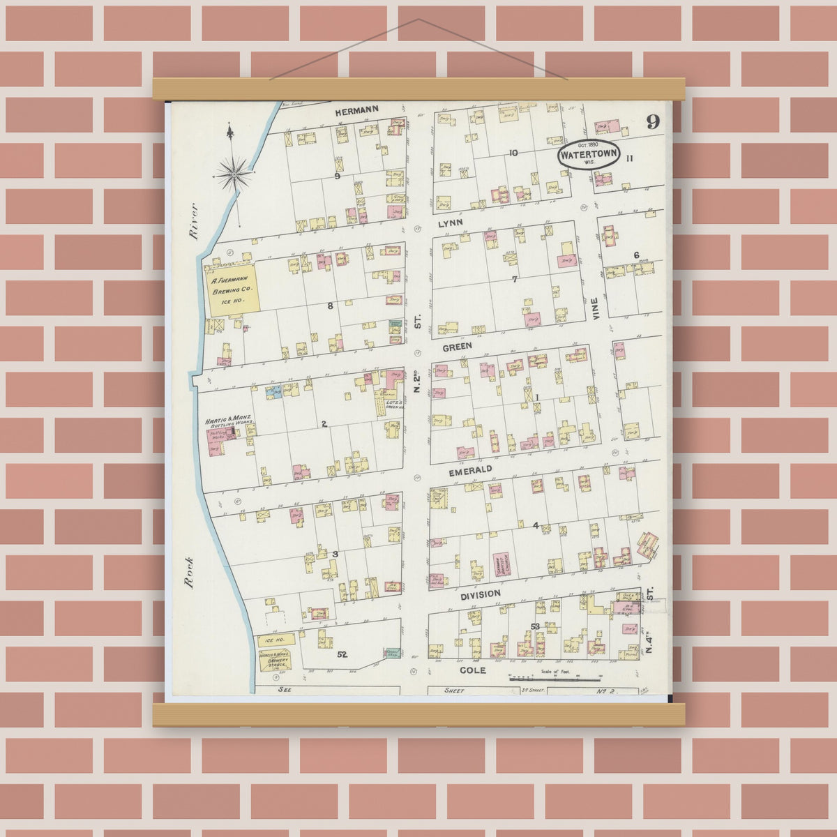 Old map wall art mockup — magnetic wood frame on brick wall — Sanborn Fire Insurance Map from Watertown, Jefferson County, Wisconsin (1890), Sheet #0009