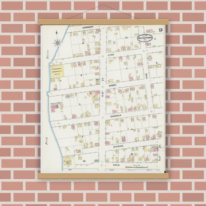 Old map wall art mockup — magnetic wood frame on brick wall — Sanborn Fire Insurance Map from Watertown, Jefferson County, Wisconsin (1890), Sheet #0009