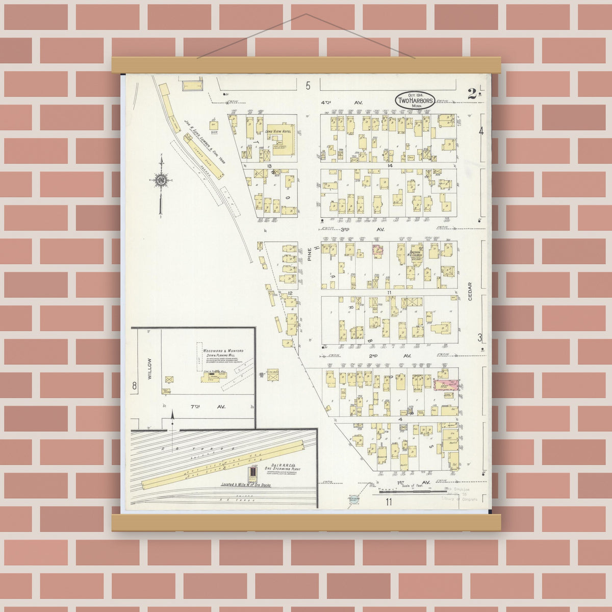 Old map wall art mockup — magnetic wood frame on brick wall — Sanborn Fire Insurance Map from Two Harbors, Lake County, Minnesota (1914), Sheet #0002