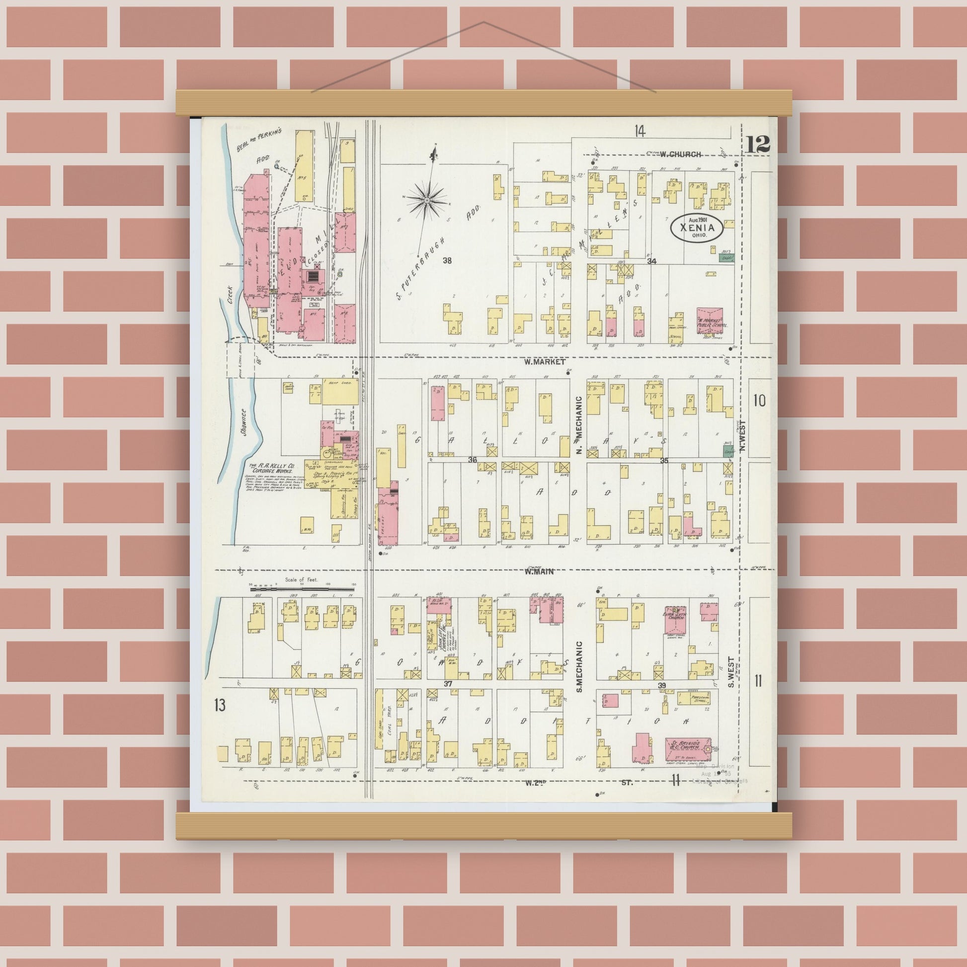Old map wall art mockup — magnetic wood frame on brick wall — Sanborn Fire Insurance Map from Xenia, Greene County, Ohio (1901), Sheet #0012