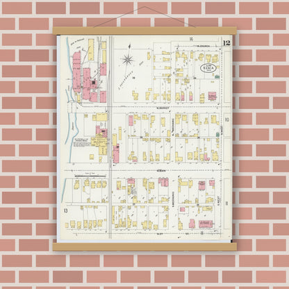 Old map wall art mockup — magnetic wood frame on brick wall — Sanborn Fire Insurance Map from Xenia, Greene County, Ohio (1901), Sheet #0012