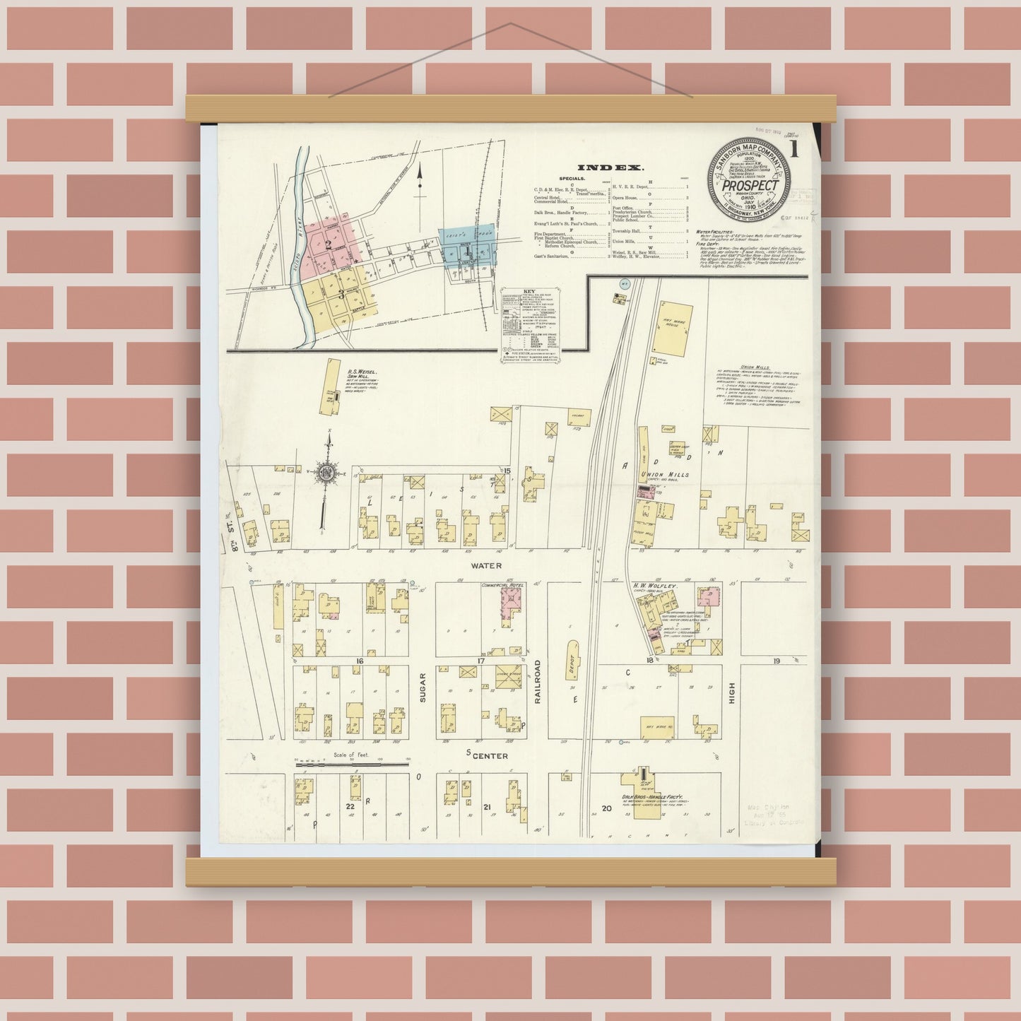 Old map wall art mockup — magnetic wood frame on brick wall — Sanborn Fire Insurance Map from Prospect, Marion County, Ohio (1910) - Complete Map Set