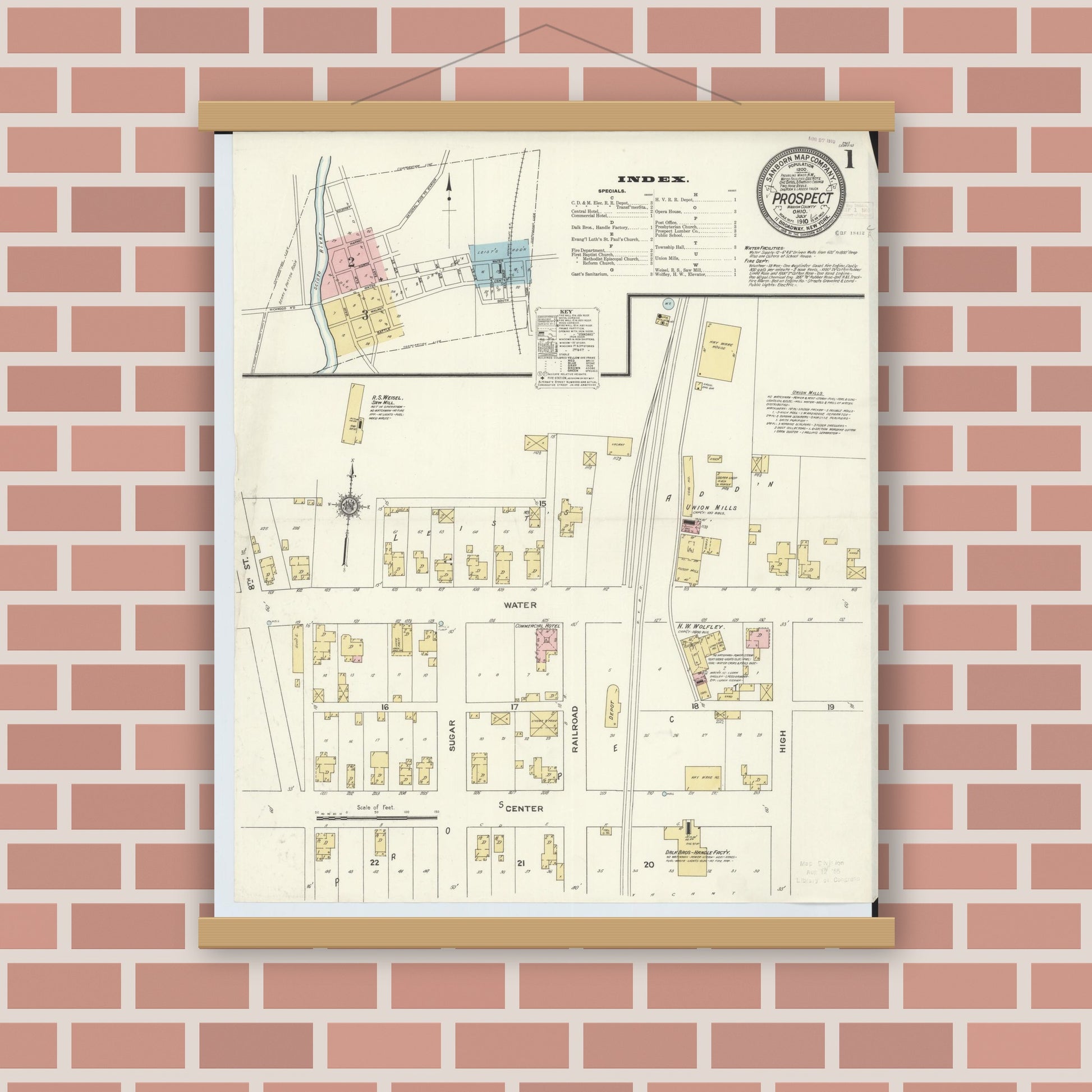 Old map wall art mockup — magnetic wood frame on brick wall — Sanborn Fire Insurance Map from Prospect, Marion County, Ohio (1910) - Complete Map Set