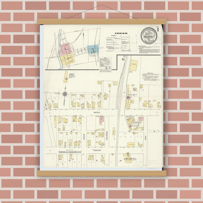 Old map wall art mockup — magnetic wood frame on brick wall — Sanborn Fire Insurance Map from Prospect, Marion County, Ohio (1910) - Complete Map Set