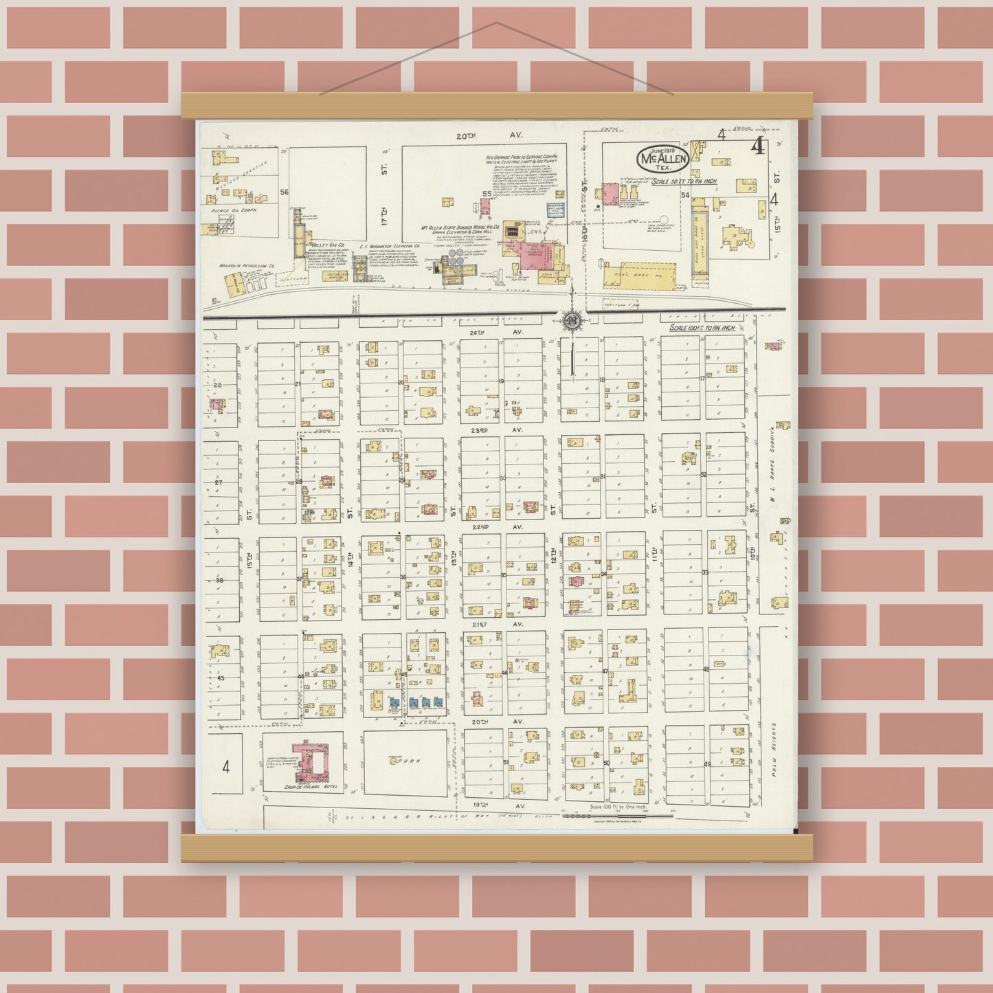 Old map wall art mockup — magnetic wood frame on brick wall — Sanborn Fire Insurance Map from McAllen, Hidalgo County, Texas (1919), Sheet #0004