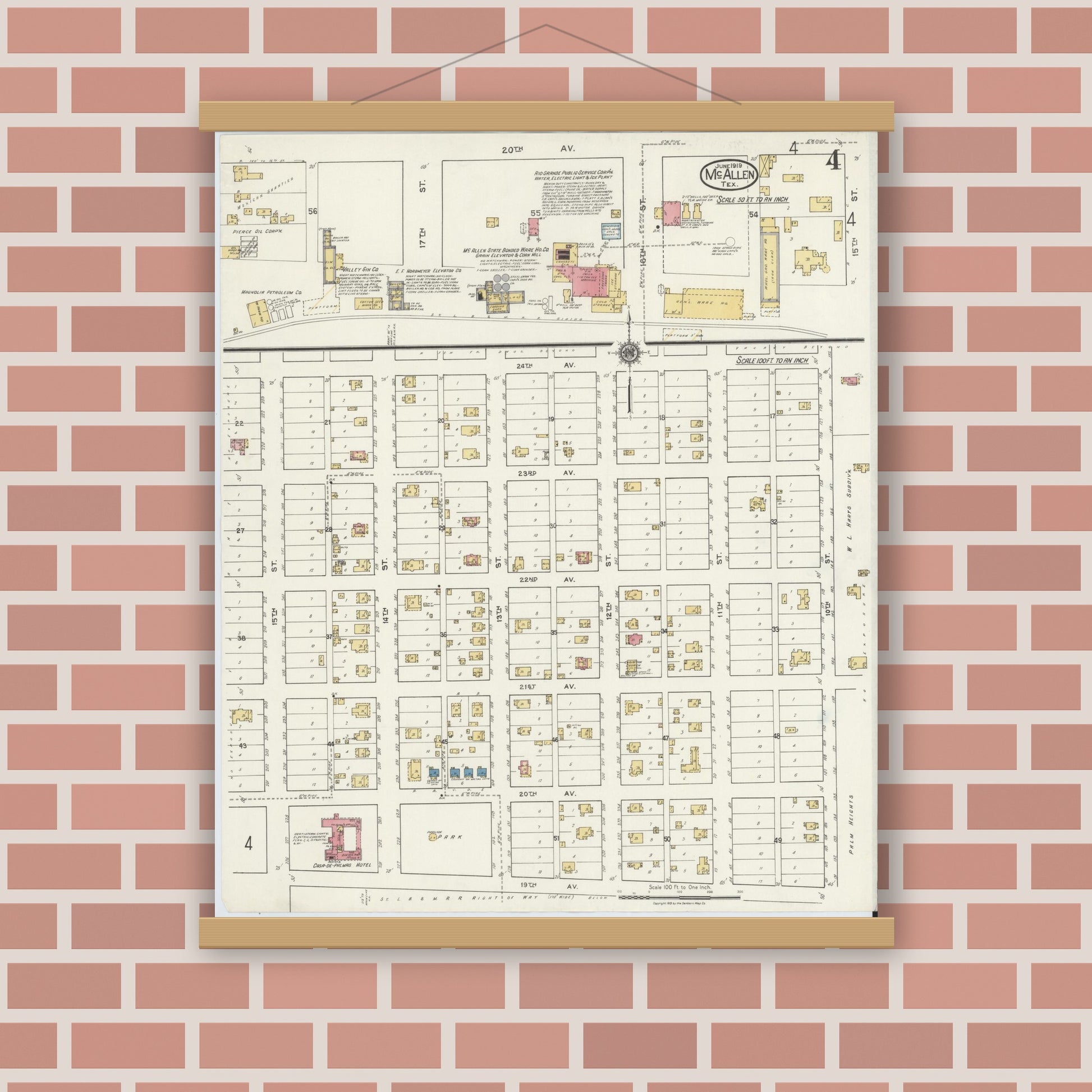 Old map wall art mockup — magnetic wood frame on brick wall — Sanborn Fire Insurance Map from McAllen, Hidalgo County, Texas (1919), Sheet #0004