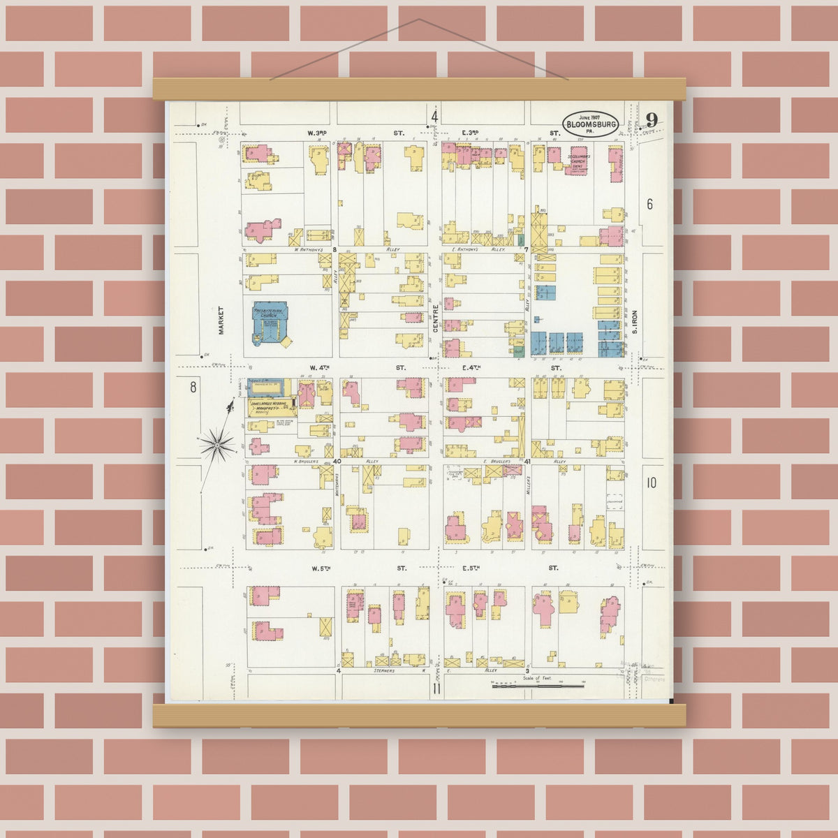 Old map wall art mockup — magnetic wood frame on brick wall — Sanborn Fire Insurance Map from Bloomsburg, Columbia County, Pennsylvania (1907), Sheet #0009