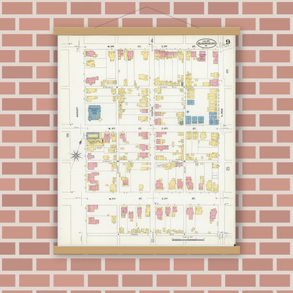 Old map wall art mockup — magnetic wood frame on brick wall — Sanborn Fire Insurance Map from Bloomsburg, Columbia County, Pennsylvania (1907), Sheet #0009
