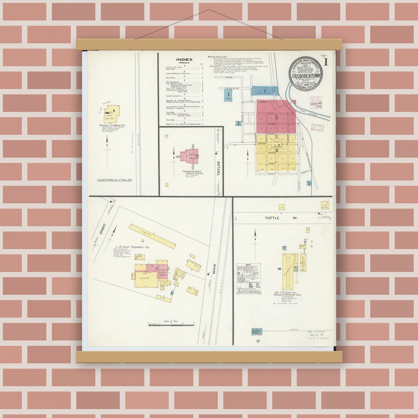 Old map wall art mockup — magnetic wood frame on brick wall — Sanborn Fire Insurance Map from Fredericktown, Knox County, Ohio (1908), Sheet #0001