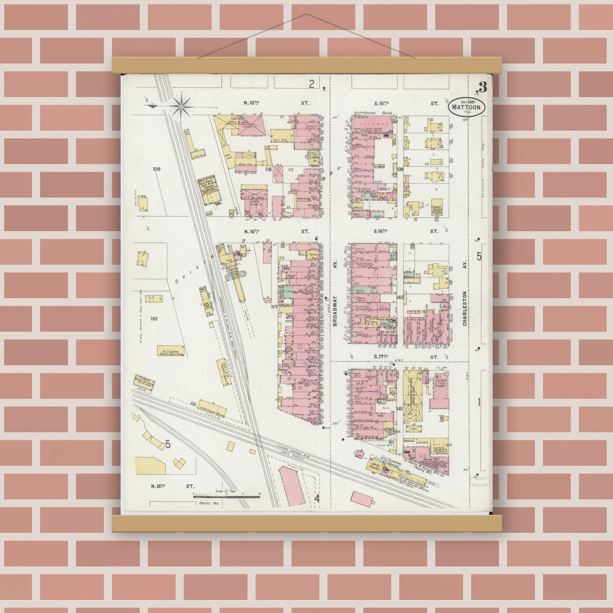 Old map wall art mockup — magnetic wood frame on brick wall — Sanborn Fire Insurance Map from Mattoon, Coles County, Illinois (1897), Sheet #0003
