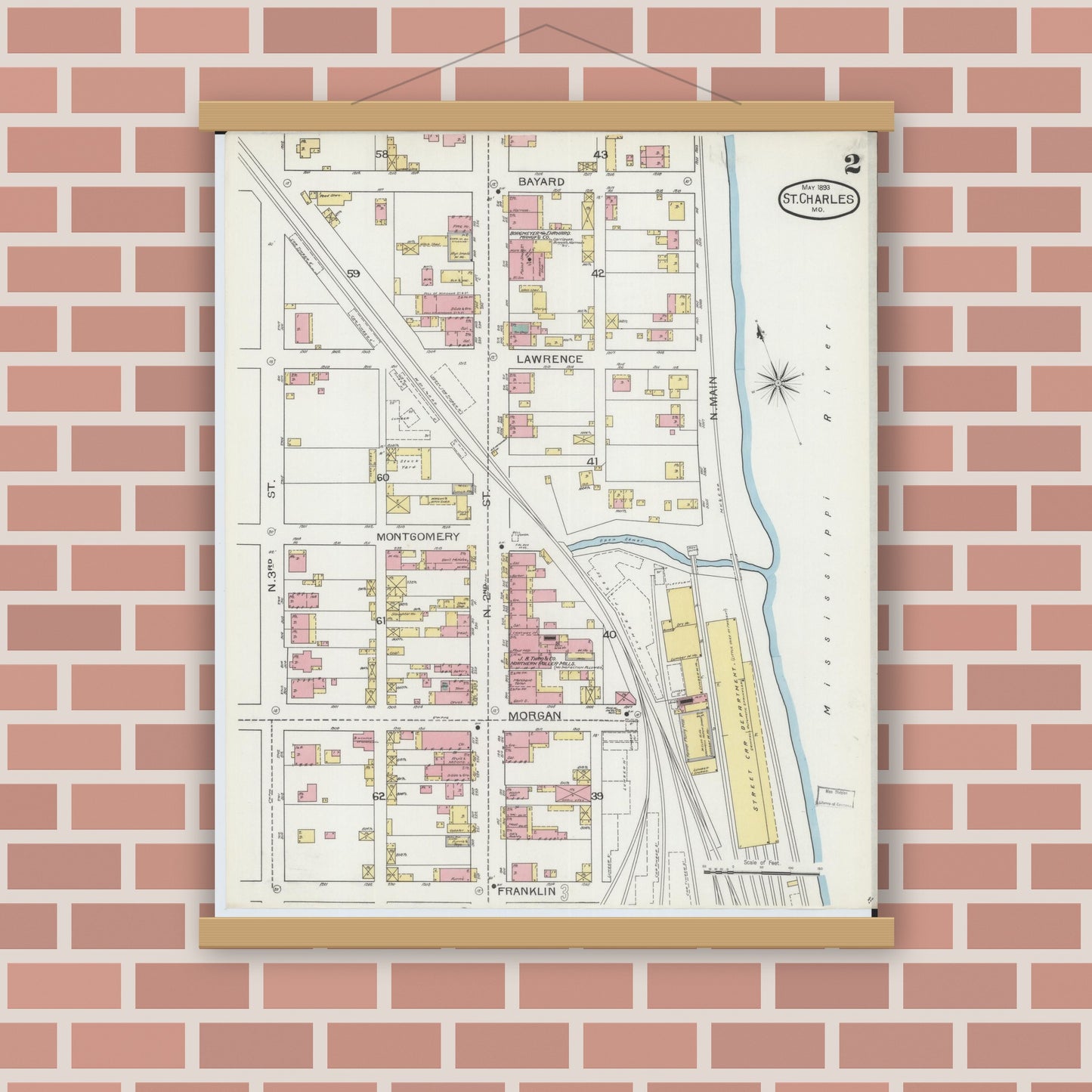 Old map wall art mockup — magnetic wood frame on brick wall — Sanborn Fire Insurance Map from Saint Charles, Saint Charles County, Missouri (1893), Sheet #0002
