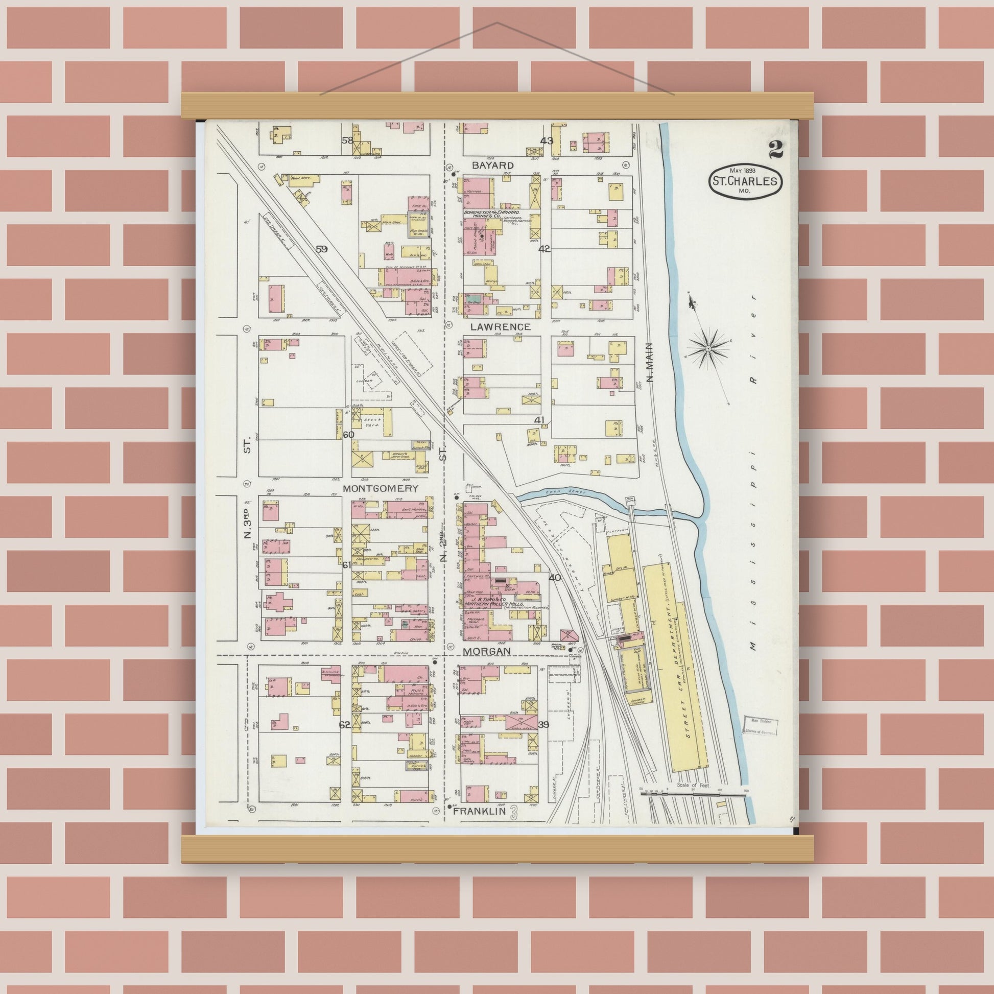 Old map wall art mockup — magnetic wood frame on brick wall — Sanborn Fire Insurance Map from Saint Charles, Saint Charles County, Missouri (1893), Sheet #0002