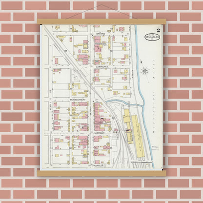 Old map wall art mockup — magnetic wood frame on brick wall — Sanborn Fire Insurance Map from Saint Charles, Saint Charles County, Missouri (1893), Sheet #0002