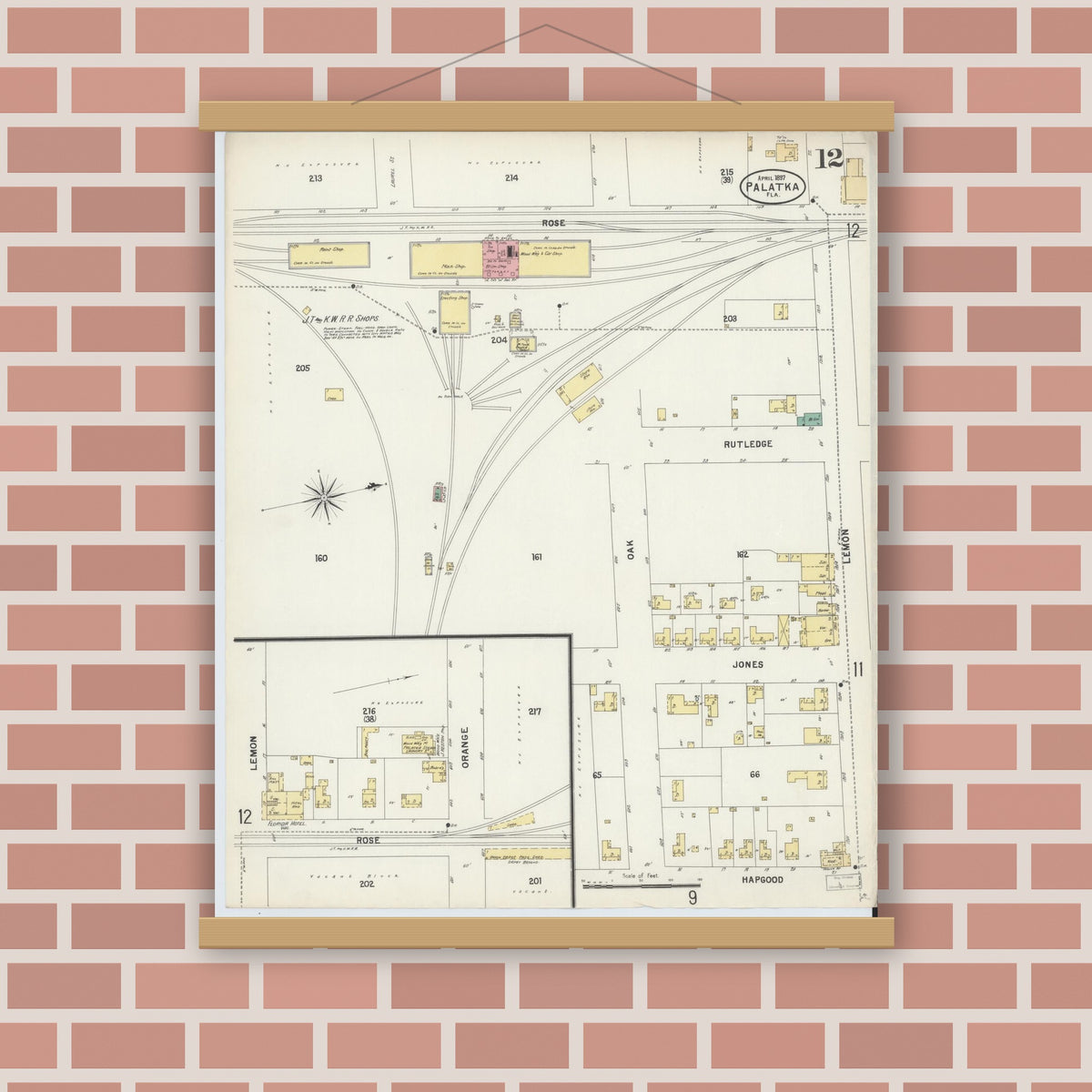 Old map wall art mockup — magnetic wood frame on brick wall — Sanborn Fire Insurance Map from Palatka, Putnam County, Florida (1897), Sheet #0012