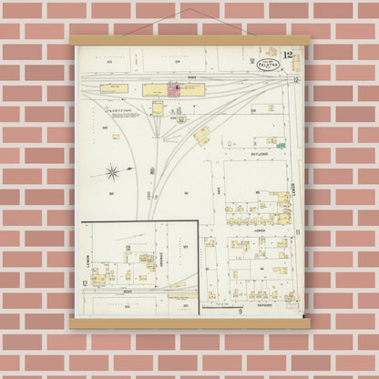 Old map wall art mockup — magnetic wood frame on brick wall — Sanborn Fire Insurance Map from Palatka, Putnam County, Florida (1897), Sheet #0012