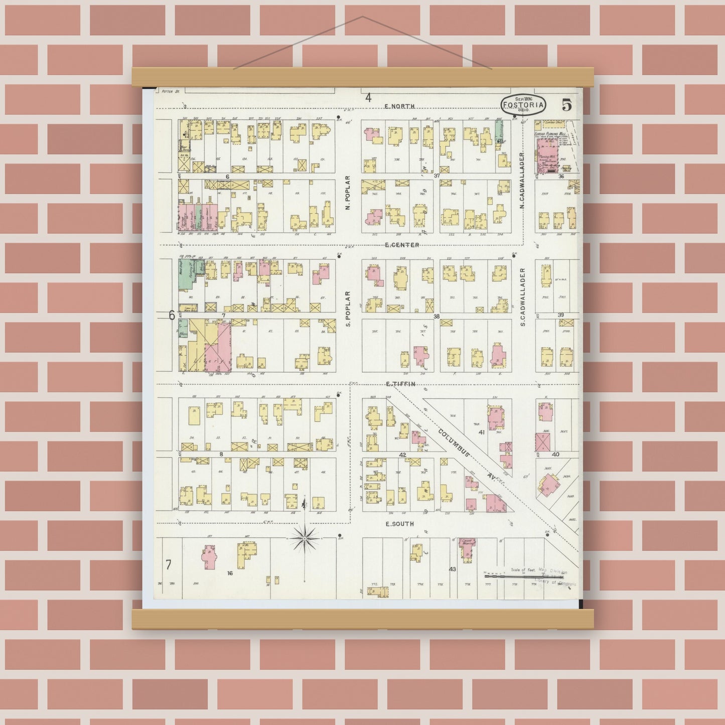 Old map wall art mockup — magnetic wood frame on brick wall — Sanborn Fire Insurance Map from Fostoria, Seneca, Hancock, And Wood Counties, Ohio (1896), Sheet #0005