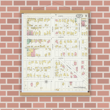 Old map wall art mockup — magnetic wood frame on brick wall — Sanborn Fire Insurance Map from Fostoria, Seneca, Hancock, And Wood Counties, Ohio (1896), Sheet #0005