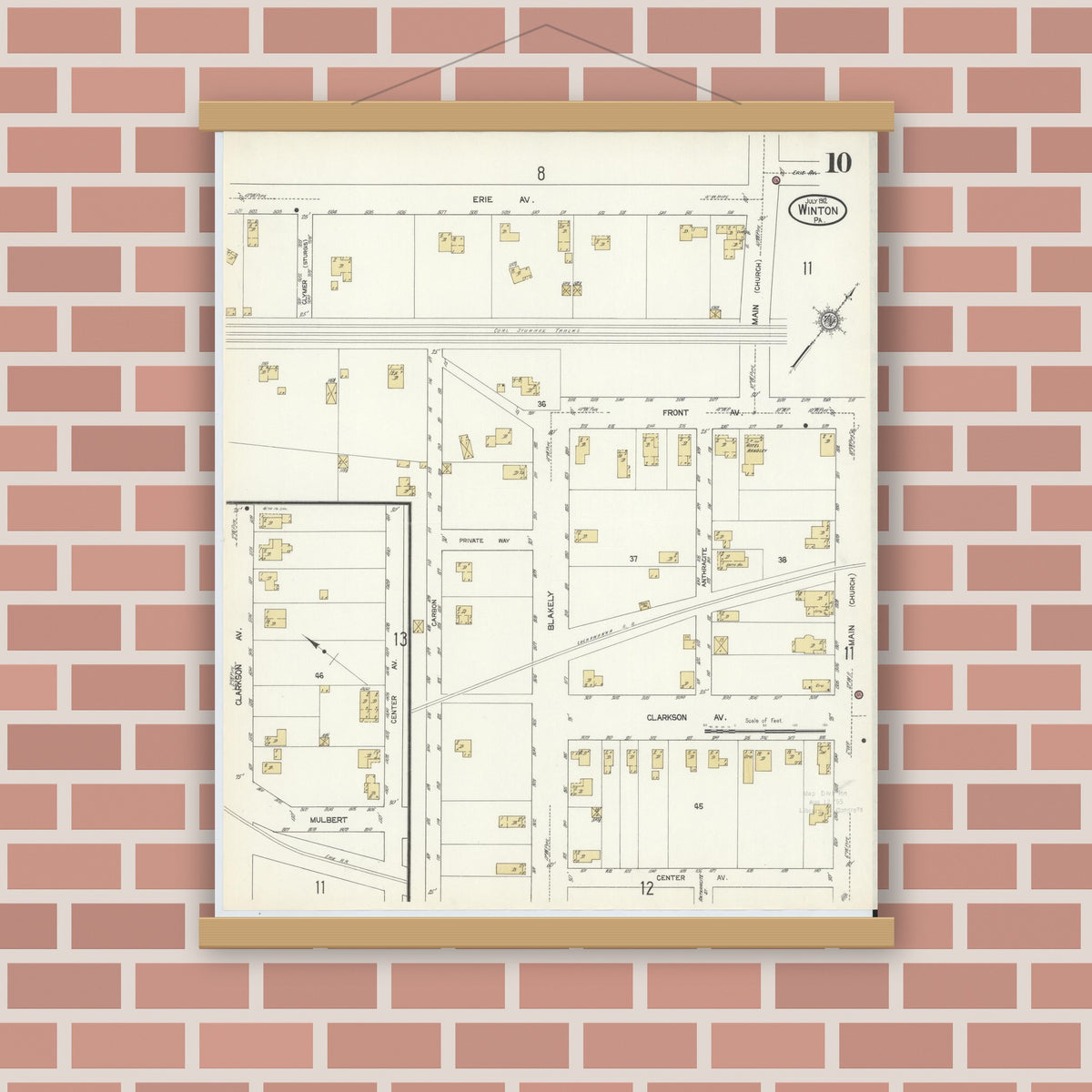 Old map wall art mockup — magnetic wood frame on brick wall — Sanborn Fire Insurance Map from Winton, Lackawanna County, Pennsylvania (1912), Sheet #0010