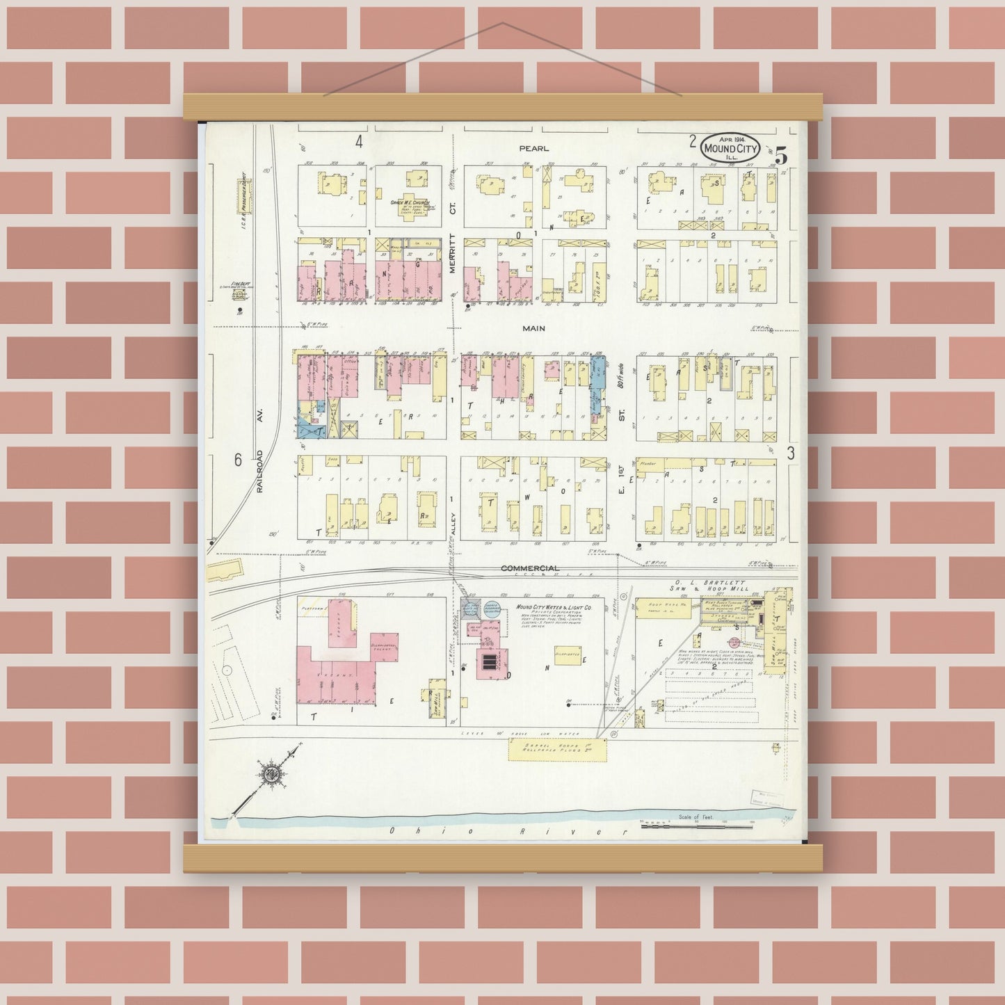 Old map wall art mockup — magnetic wood frame on brick wall — Sanborn Fire Insurance Map from Mound City, Pulaski County, Illinois (1914), Sheet #0005