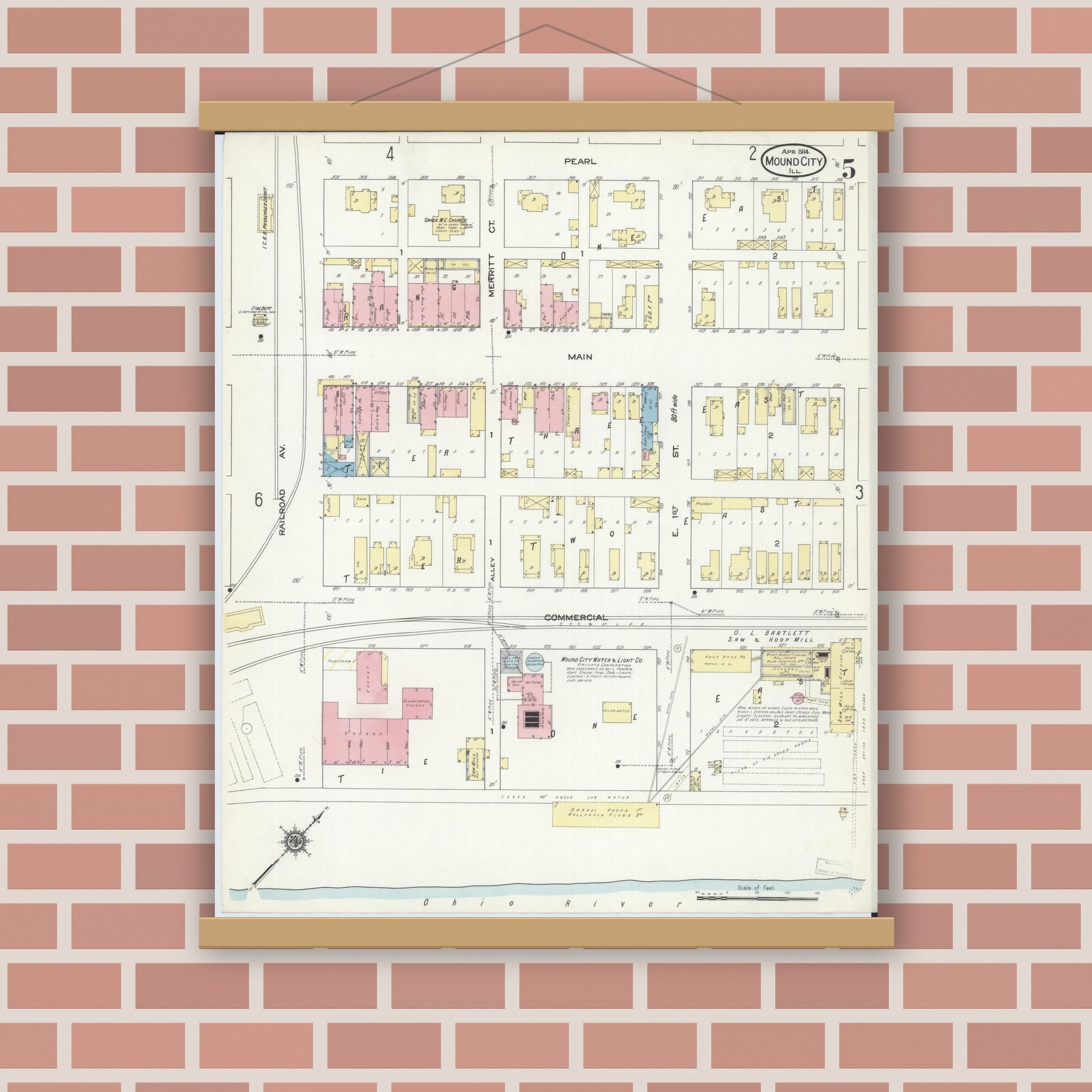 Old map wall art mockup — magnetic wood frame on brick wall — Sanborn Fire Insurance Map from Mound City, Pulaski County, Illinois (1914), Sheet #0005