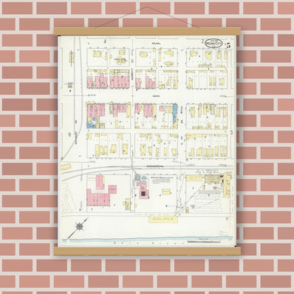 Old map wall art mockup — magnetic wood frame on brick wall — Sanborn Fire Insurance Map from Mound City, Pulaski County, Illinois (1914), Sheet #0005