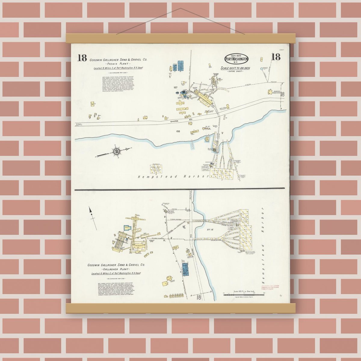Old map wall art mockup — magnetic wood frame on brick wall — Sanborn Fire Insurance Map from Port Washington, Nassau County, New York (1925), Sheet #0018