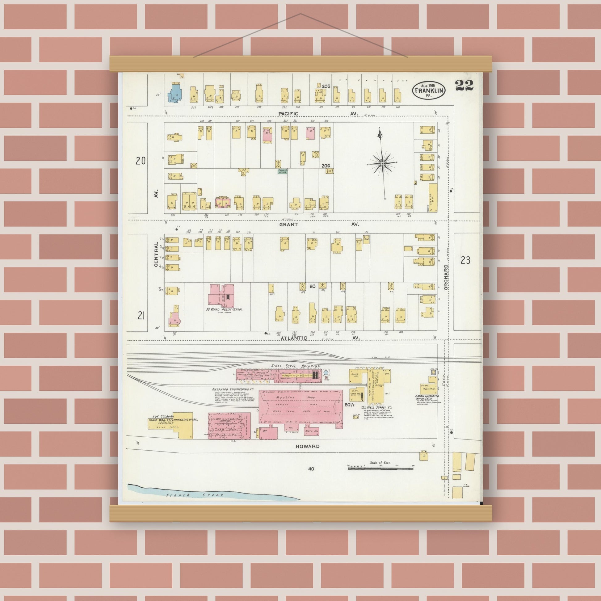 Old map wall art mockup — magnetic wood frame on brick wall — Sanborn Fire Insurance Map from Franklin, Venango County, Pennsylvania (1906), Sheet #0022