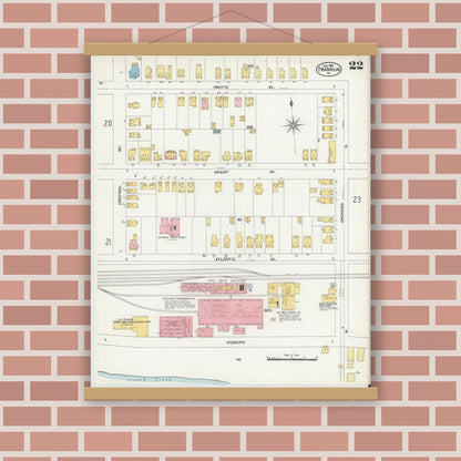 Old map wall art mockup — magnetic wood frame on brick wall — Sanborn Fire Insurance Map from Franklin, Venango County, Pennsylvania (1906), Sheet #0022