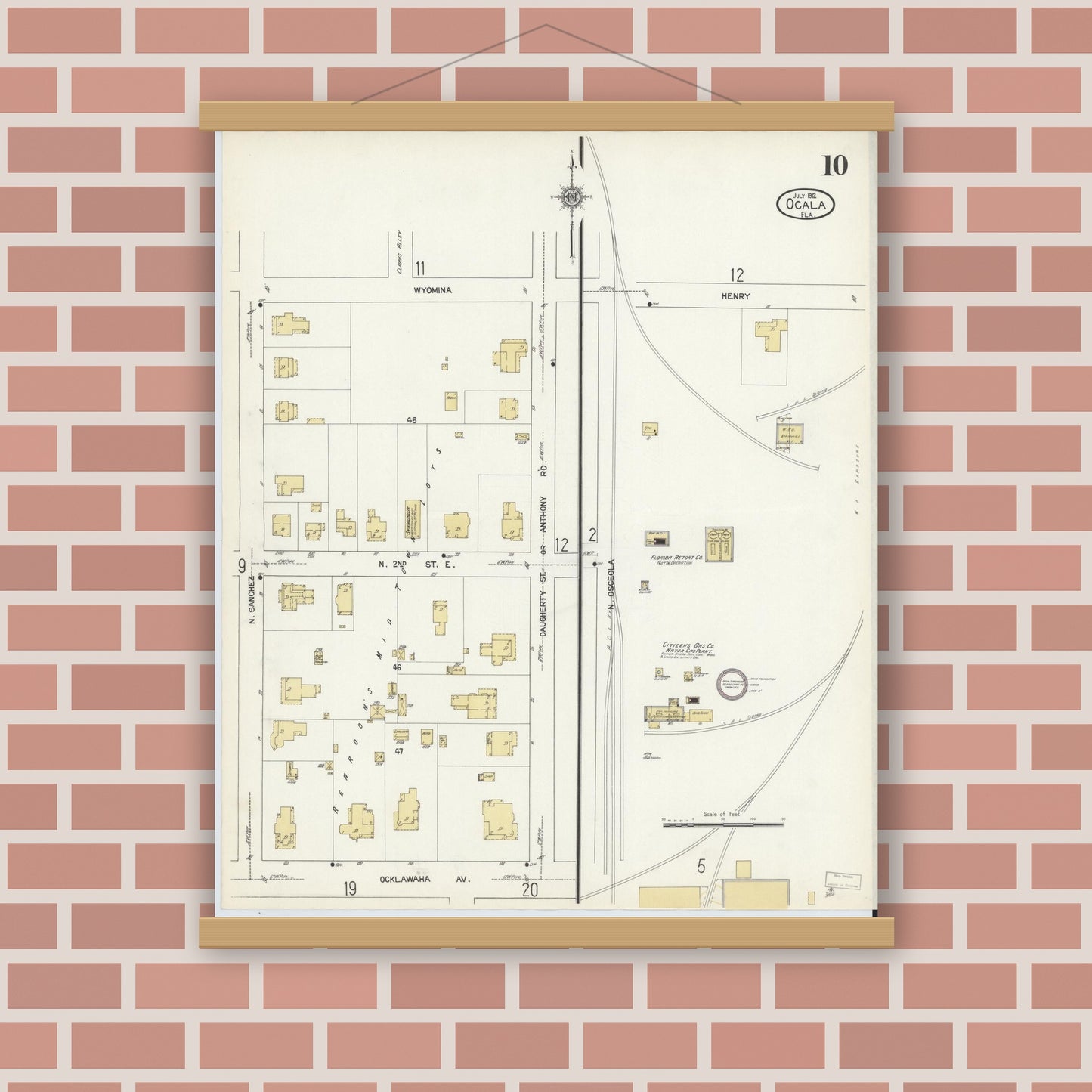 Old map wall art mockup — magnetic wood frame on brick wall — Sanborn Fire Insurance Map from Ocala, Marion County, Florida (1912), Sheet #0010