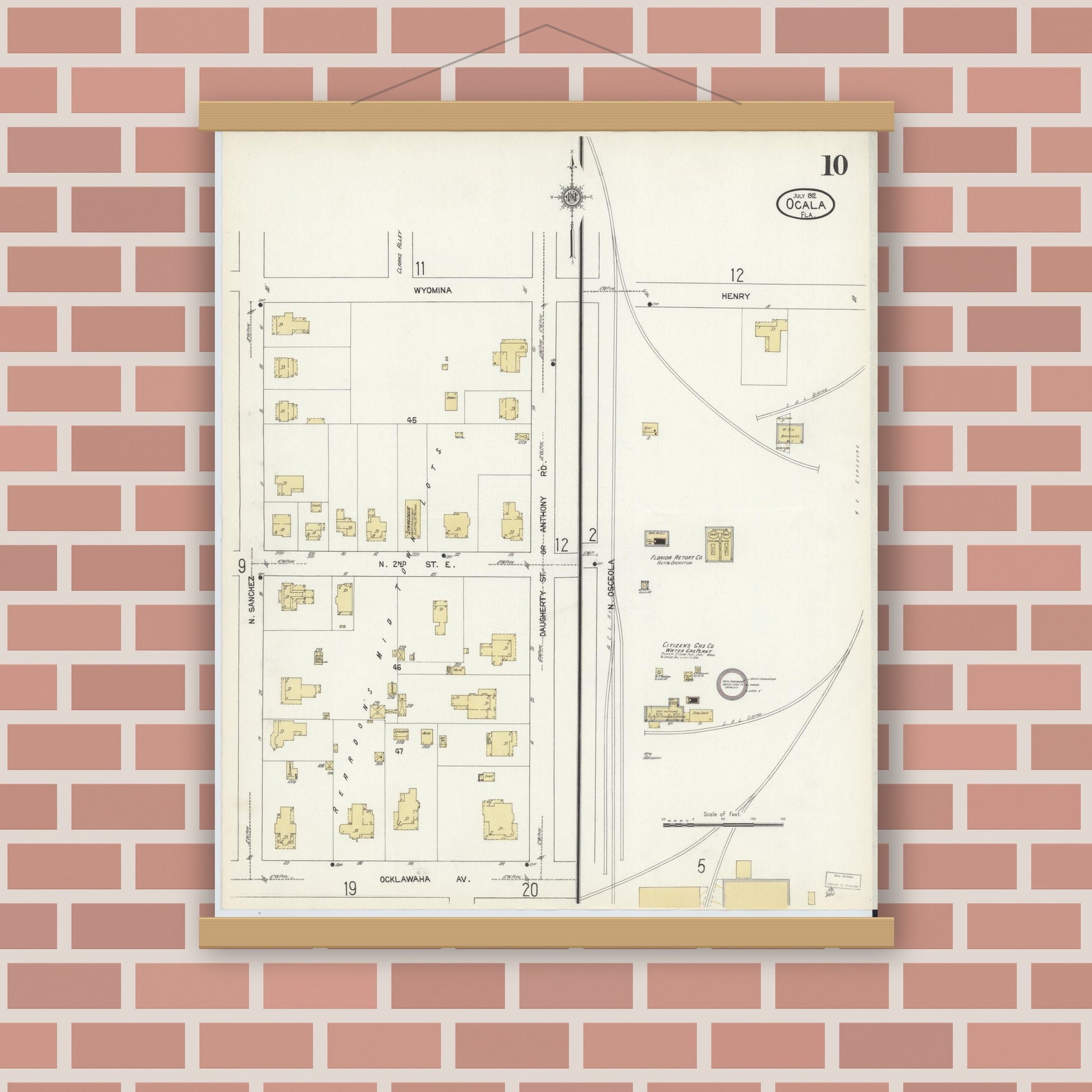 Old map wall art mockup — magnetic wood frame on brick wall — Sanborn Fire Insurance Map from Ocala, Marion County, Florida (1912), Sheet #0010