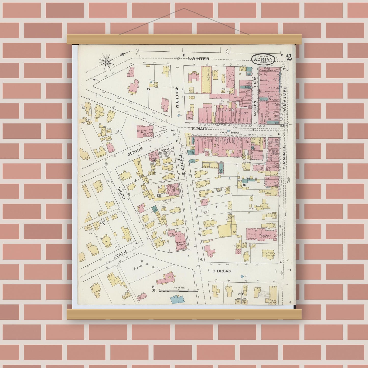 Old map wall art mockup — magnetic wood frame on brick wall — Sanborn Fire Insurance Map from Adrian, Lenawee County, Michigan (1893), Sheet #0002