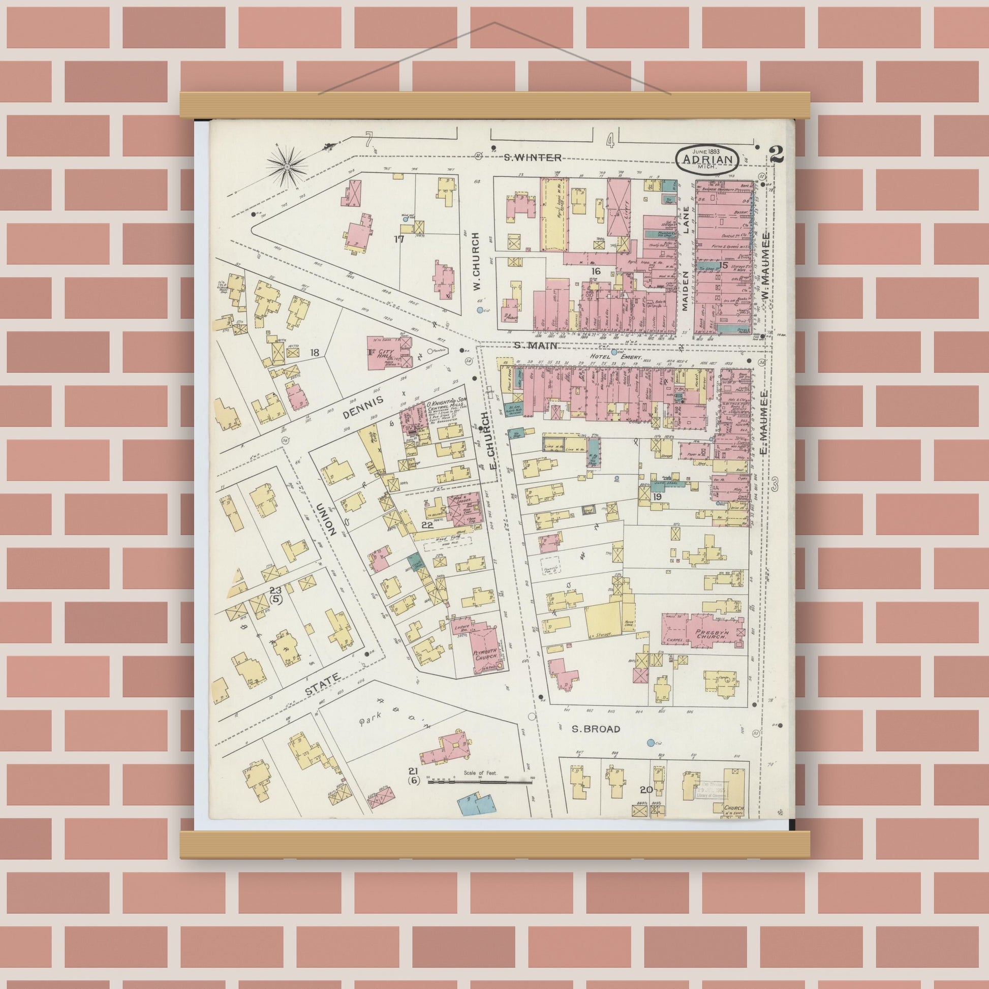 Old map wall art mockup — magnetic wood frame on brick wall — Sanborn Fire Insurance Map from Adrian, Lenawee County, Michigan (1893), Sheet #0002