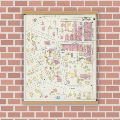 Old map wall art mockup — magnetic wood frame on brick wall — Sanborn Fire Insurance Map from Adrian, Lenawee County, Michigan (1893), Sheet #0002