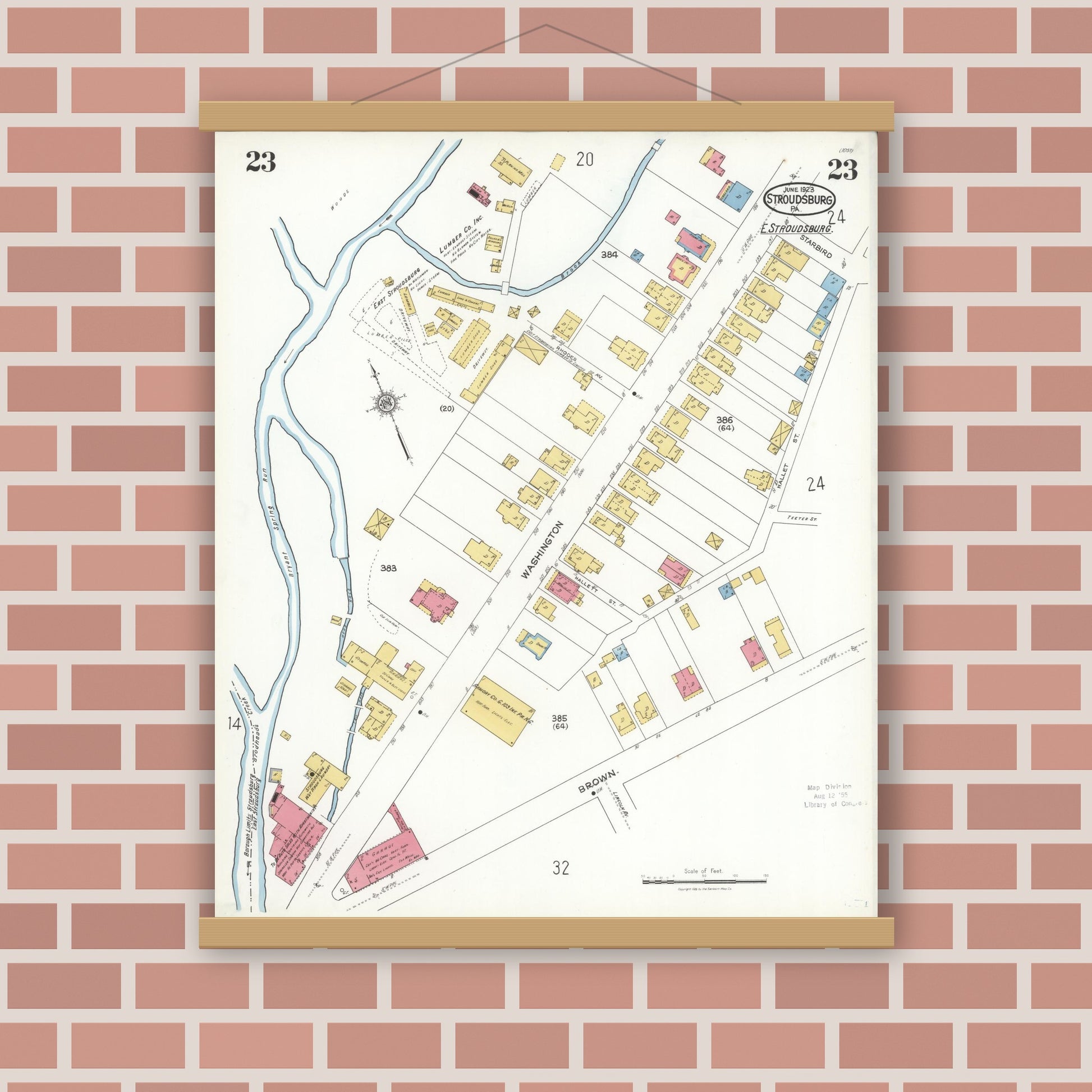 Old map wall art mockup — magnetic wood frame on brick wall — Sanborn Fire Insurance Map from Stroudsburg, Monroe County, Pennsylvania (1923), Sheet #0023